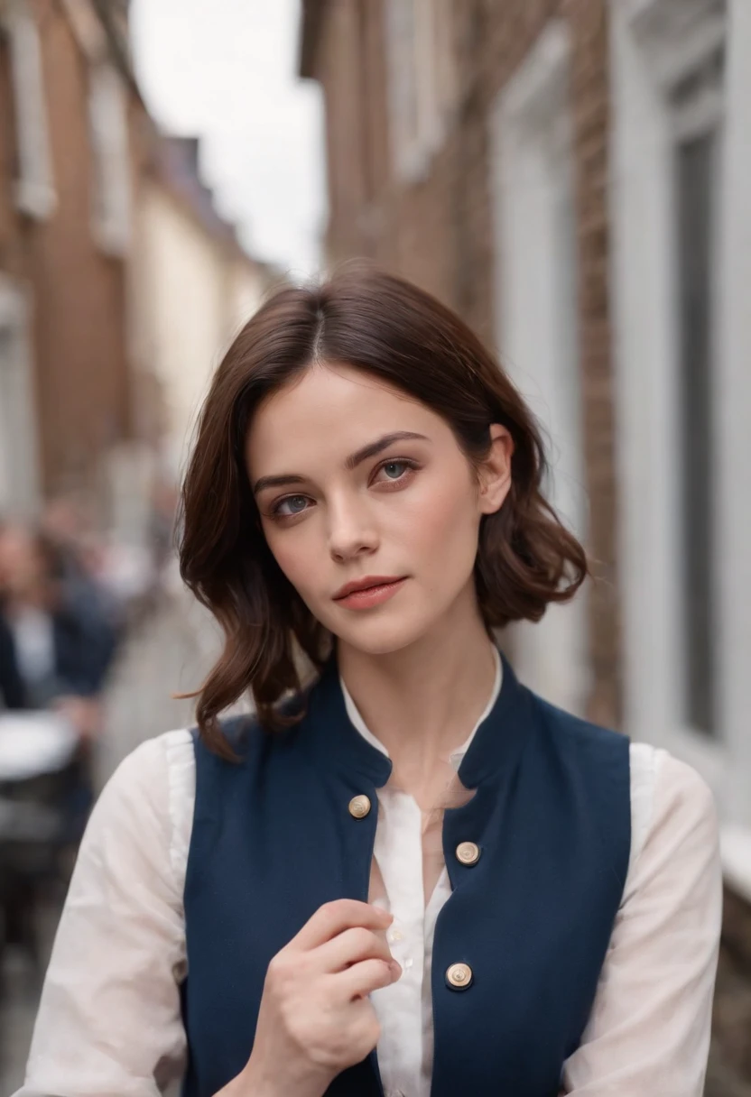 British woman in a suit、Kaya Scodelario in a suit, 23 year old beautiful British woman、Carina Smyth, Kaya Scodelario, Beautiful woman standing against the background of cobblestones、she&#39;s wearing squirrel ears、hyper quality、High definition、real、16k、4k、white shirt、navy blue vest、Vest button fastening、Dark blue pants、navy blue setup、short hair、Brown hair、highlights in hair、