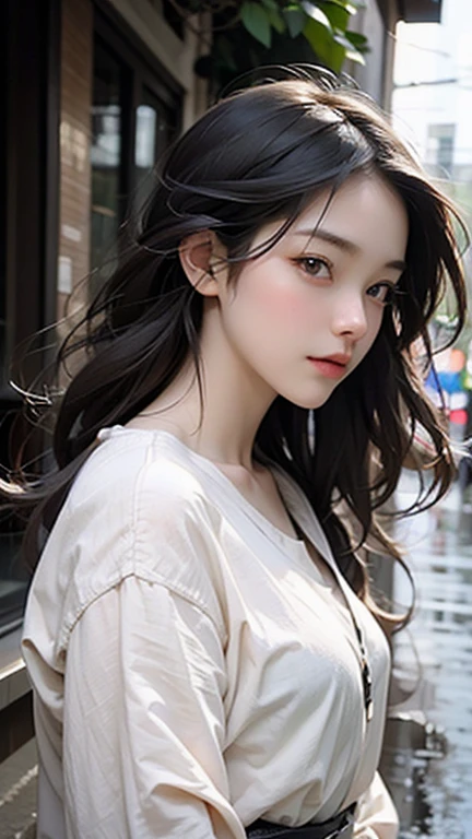 an asian girl in the rain, in the style of light silver and light red, fairycore, 32k uhd, exaggerated facial features, edmund leighton, low-angle, aurorapunk
