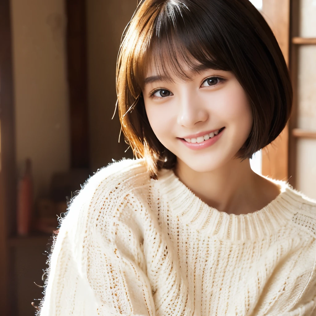 Japanese、153cm、45kg、23 years old、bob cut、smile、beautiful girl、beautiful skin、White knitted sweater、room、Torch、BCUP、hanikami、High resolution