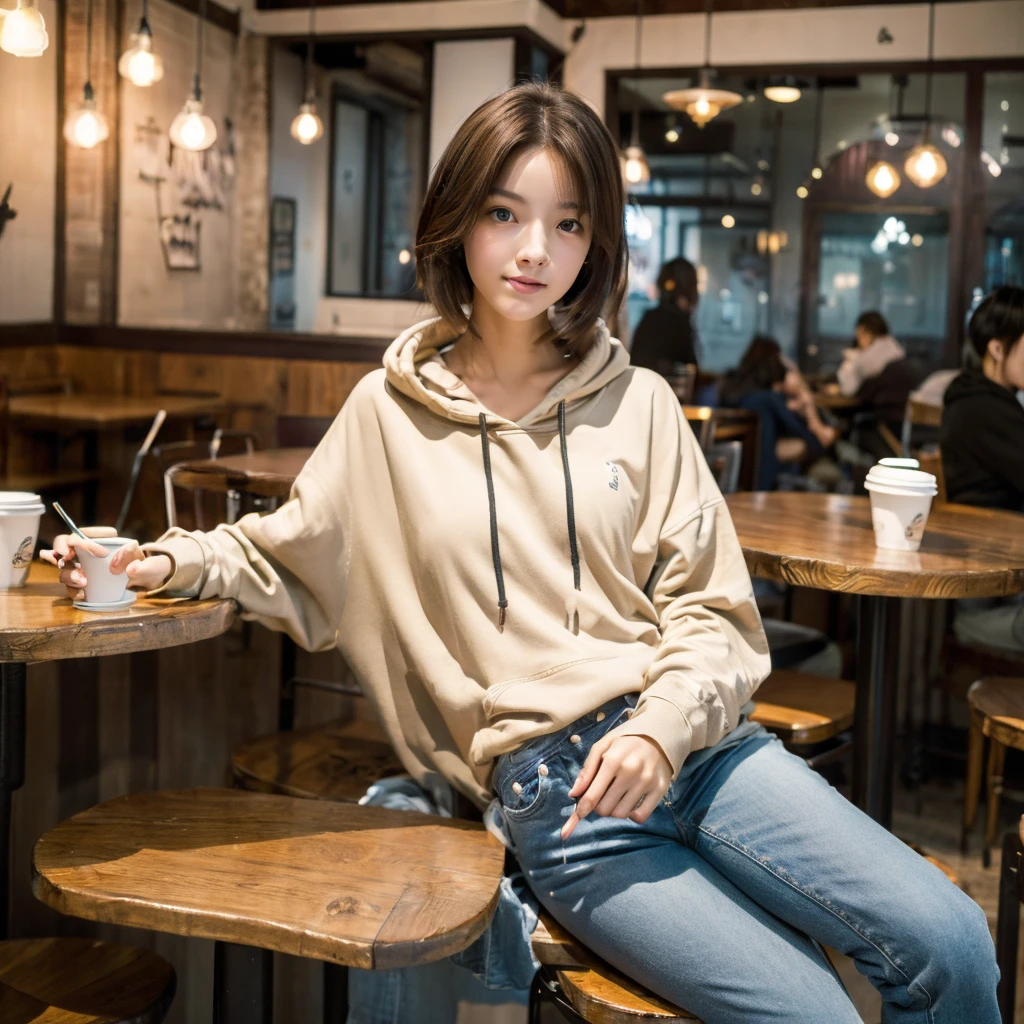 (realistic、High resolution:1.3)、Just one girl with a perfect figure、super thin face and eyes、short hair、hoodie:1 in random color.2、short jeans、I have my legs crossed、at the cafe、coffee on the table