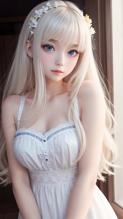 bright look、photorealism、highest quality、Super high resolution、picture、Photo of an exquisitely beautiful Scandinavian girl、extraordinary beautiful girl、cute and beautiful face details、(Pueros face_v1:0.008)、beautiful bangs、alice in wonderland、18-year-old、Shining white skin、hair run that extends to the face、bangs between the eyes、super long hair、Attractive light and dark platinum blonde super long straight silky hair、thin hair、Charming shining beautiful bright clear light blue big eyes、white apron、yellow dress、eyeliner、double eyelid、rich bust