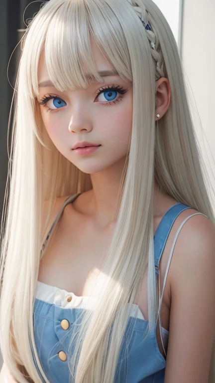 bright look、photorealism、highest quality、Super high resolution、picture、Photo of an exquisitely beautiful Scandinavian girl、extraordinary beautiful girl、cute and beautiful face details、(Pueros face_v1:0.008)、beautiful bangs、alice in wonderland、18-year-old、Shining white skin、hair run that extends to the face、bangs between the eyes、super long hair、Attractive light and dark platinum blonde super long straight silky hair、thin hair、Charming shining beautiful bright clear light blue big eyes、white apron、yellow dress、eyeliner、double eyelid、rich bust