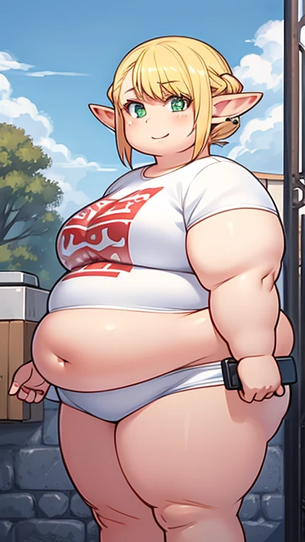 ((Masterpiece)), 1 solo girl, fat erufuda, short hair, pointy ears, obese elf, blonde hair, (green eyes:1.5), braid, fat body, ((Perfect body)), smile, hot, fat arms, chubby belly, thick thighs, very cute, 4K