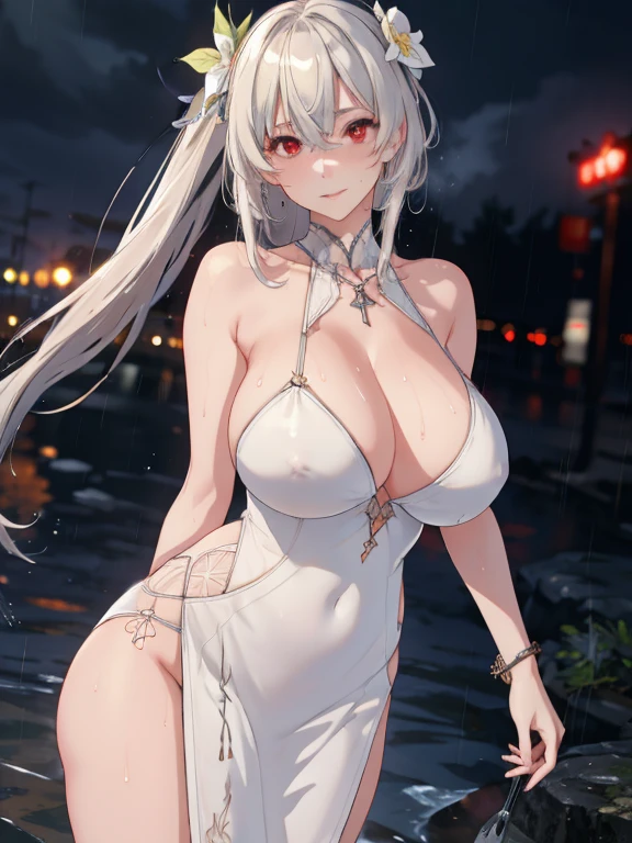1girls, arms behind back, rain, seductive, (4K,realistic,highres,absurdres,masterpiece:1.2),((cinematic lumination)),deep depth of field,charming face,bloom,white dress,(covered nipples:0.9),big sagging breasts,(smiling:0.6),young female, looking at the viewer, white skin, ((slim, skinny)), ((wet skin, sweat)), high heels, red eyes