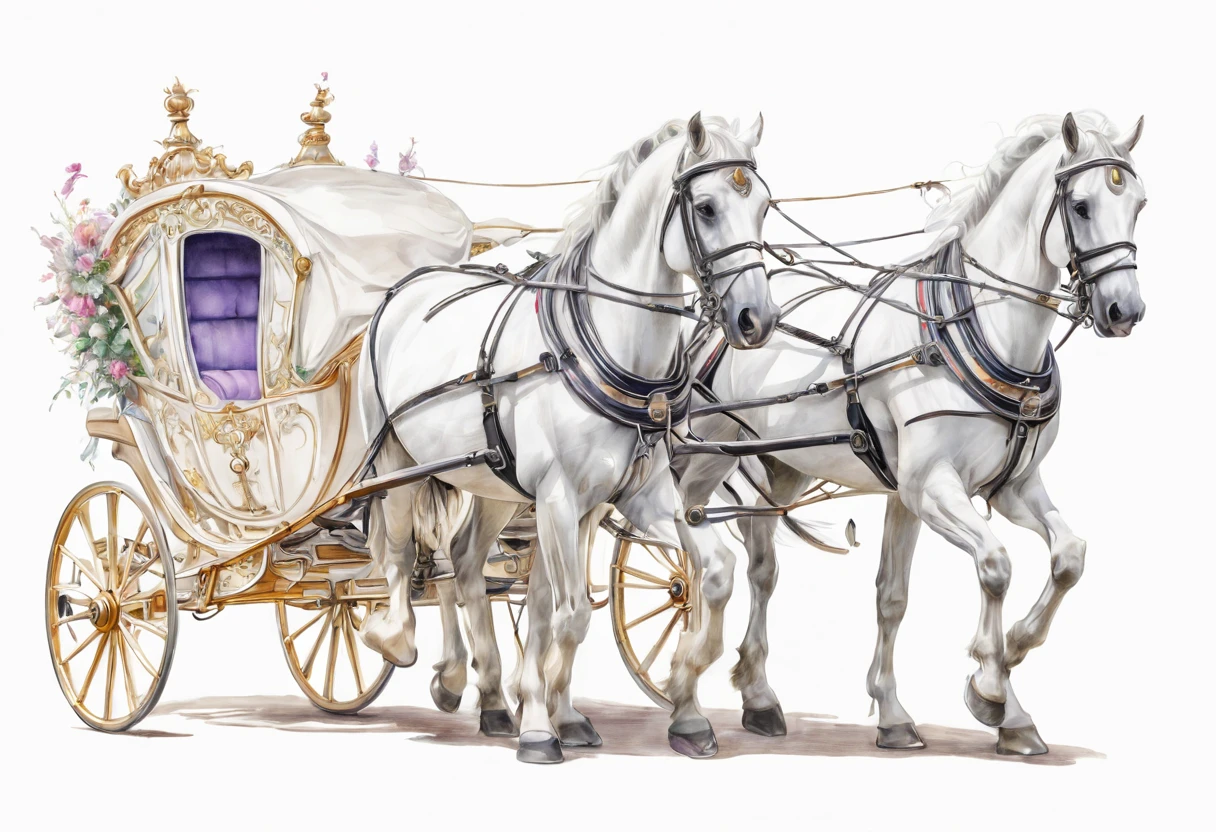 carriage on a white background, white horses harnessed to a carriage, fairy princess carriage, carriage elegant and luxurious, style drawing with colored pencils, sketch, side view, horses in the distance, properly harnessed