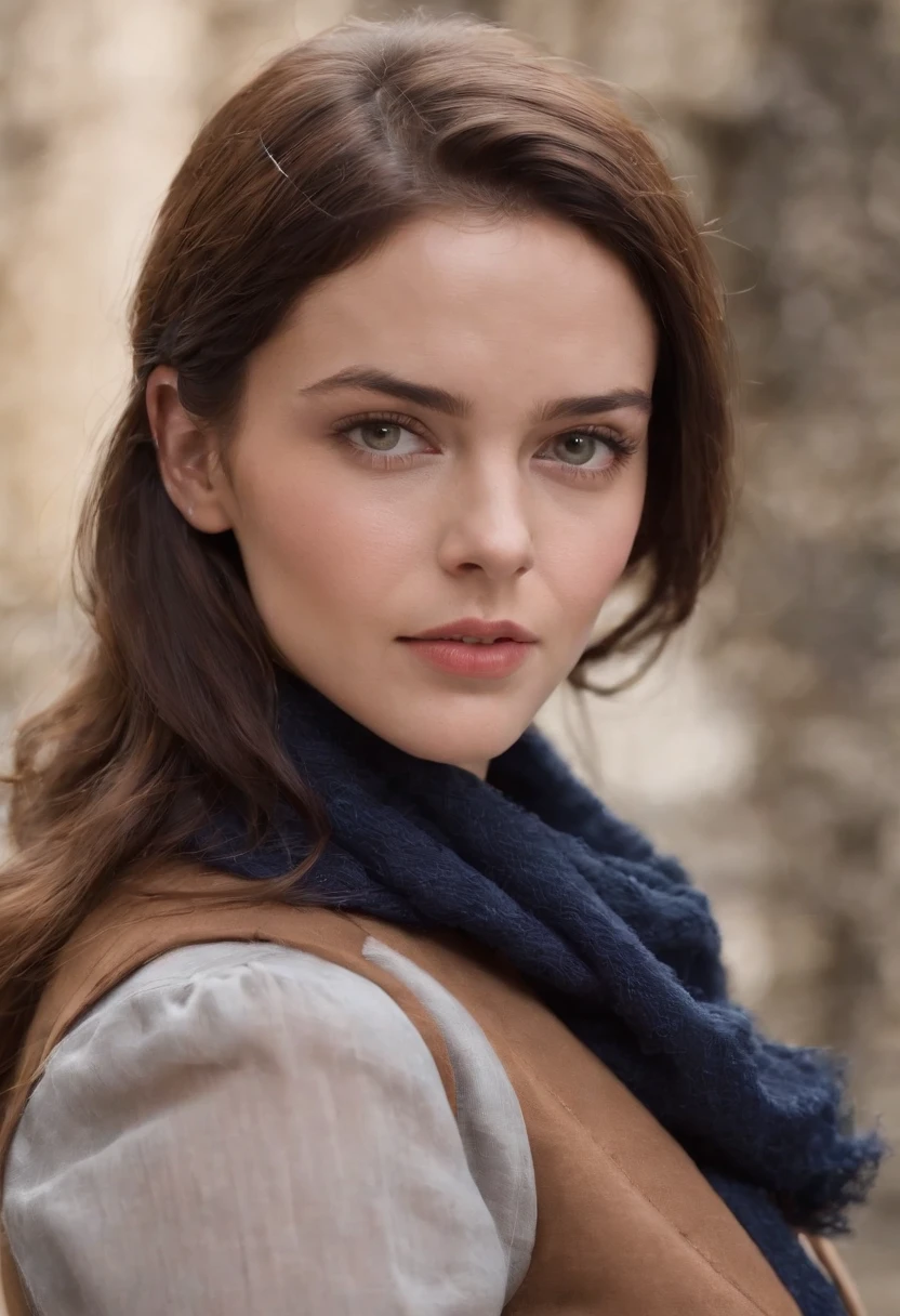 In a suit, Kaya Scodelario, 23 year old beautiful woman、Carina Smyth, Kaya Scodelario, Beautiful woman standing against the background of cobblestones、she's wearing squirrel ears、white shirt、navy blue vest、Vest button fastening、Dark blue pants、navy blue setup、short hair、Brown hair、Hair highlights、
