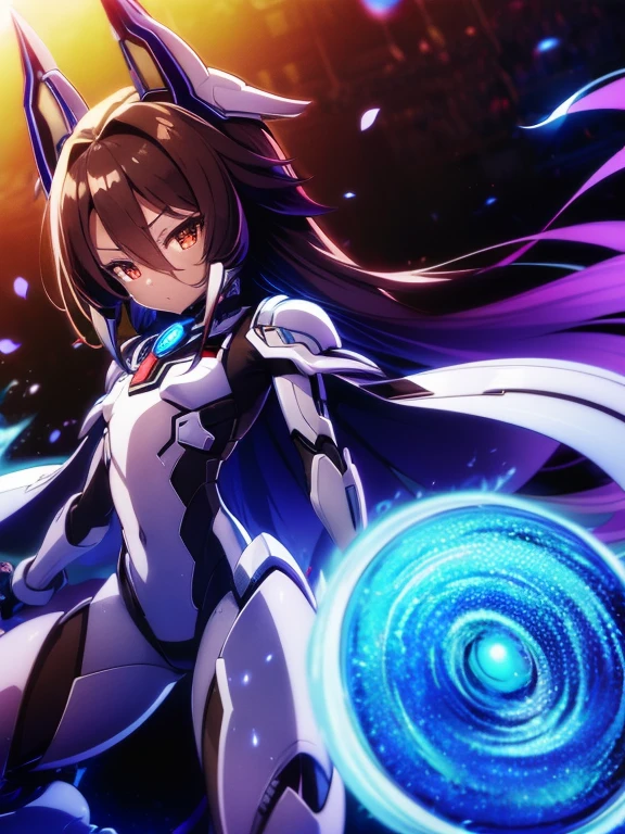Masterpiece, best quality, highres, amazing quality, flat chested, (male), (8 year old boy), (shota), (Dark skin), cute, red eyes, very long dark brown hair, black exosuit, black gaunlets, long point headgear, black mecha musume, close up, (blazblue murakumo unit armour)