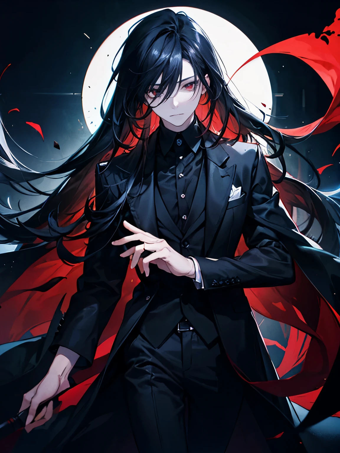 1man,Masculinity,Gorgeous dark atmosphere, man in black suit,red eyes,Long pure black hair,late night,Very long black hair