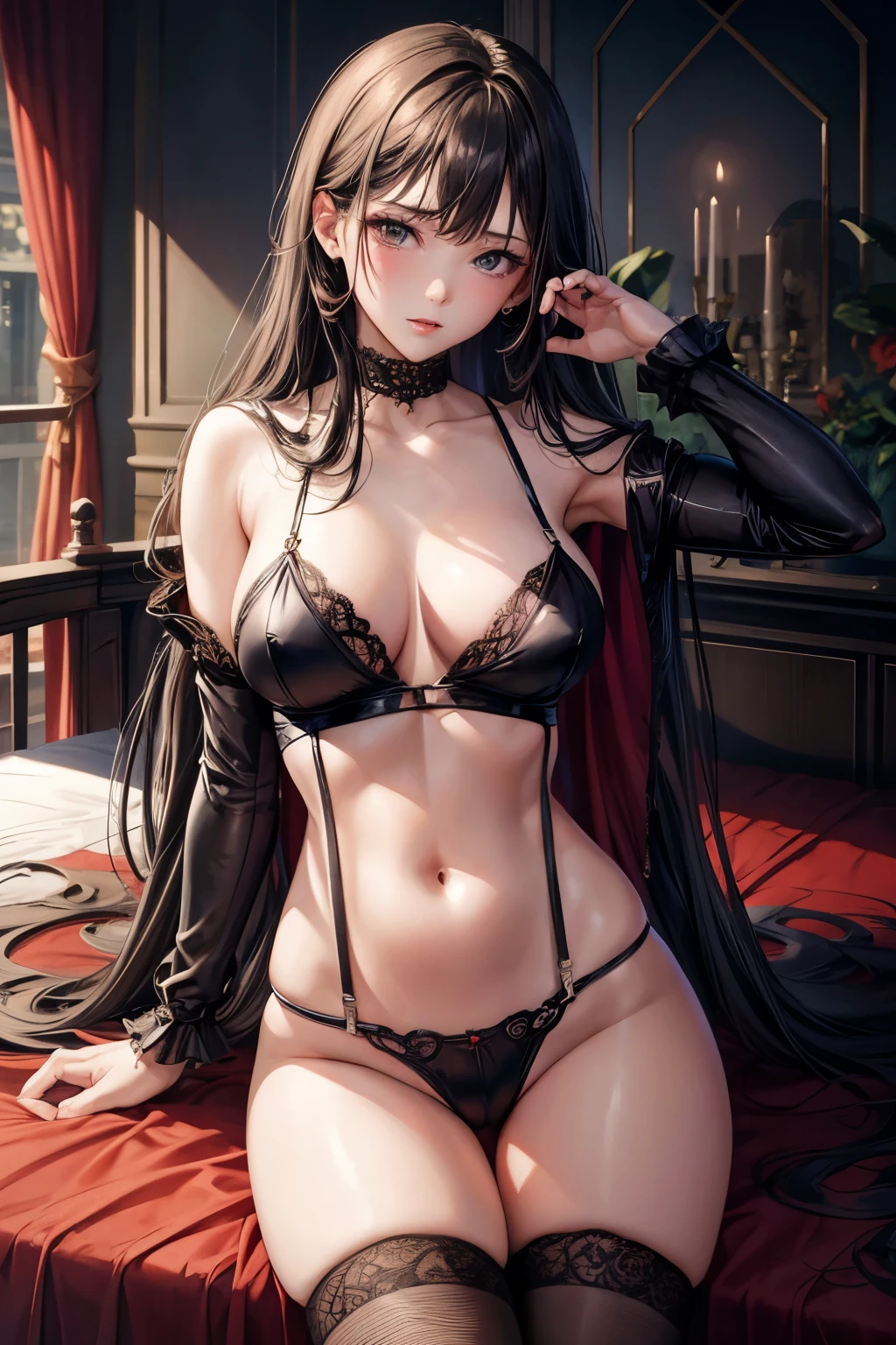 (masterpiece, best quality), 1girl, hentai, provocative pose, red lingerie, sheer nightgown, seductive expression, bed, dimly lit room, bared midriff, high heels, rosy lips, glossy makeup, long hair with wavey curls, exposed thigh, black stockings, suspenders, confident and alluring, lustful gaze, suggestive body language, provocative attire, cultivated style, erotic setting, sensual allure, arousing and explicit.