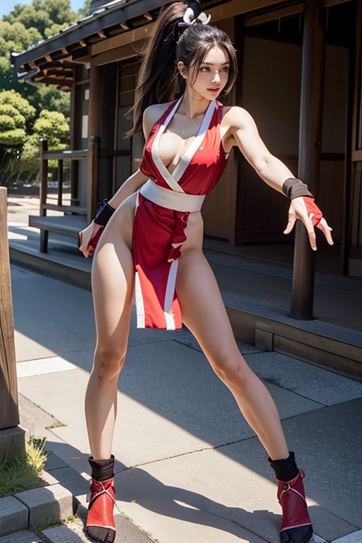 (mai shiranui:1.4), (tabi:1.4), (Full body:1.4), (Toe;1.3), (Realism), (master piece:1.2), (Best Quality), (ultra-detailliert), (8K, 4K, Convoluted), (Flat Lighting:1.2), (skinny), Prestige, Brown eyes, Long hair, brown eyes, long hair, brown hair, white ribbon, sleeveless, ponytail, sash, pelvic curtain, arm guards, gloves, tabi, fascinated expression, Sexy eyes, slim, medium breasts, Smile, Cute, view the viewer, Long hair, Close to Japan temple, (breasts focus:1.2), (Realistic:1.2), light Particle, Lighting, (Highly detailed:1.2), (Detailed face:1.2), (gradients), SFV, Colorful, (Detailed eyes:1.2), Detailed temples of Japan, Detailed background, (Dynamic Angle:1.2), Dynamic Pose, Wide Shot, Daylight, Solo.