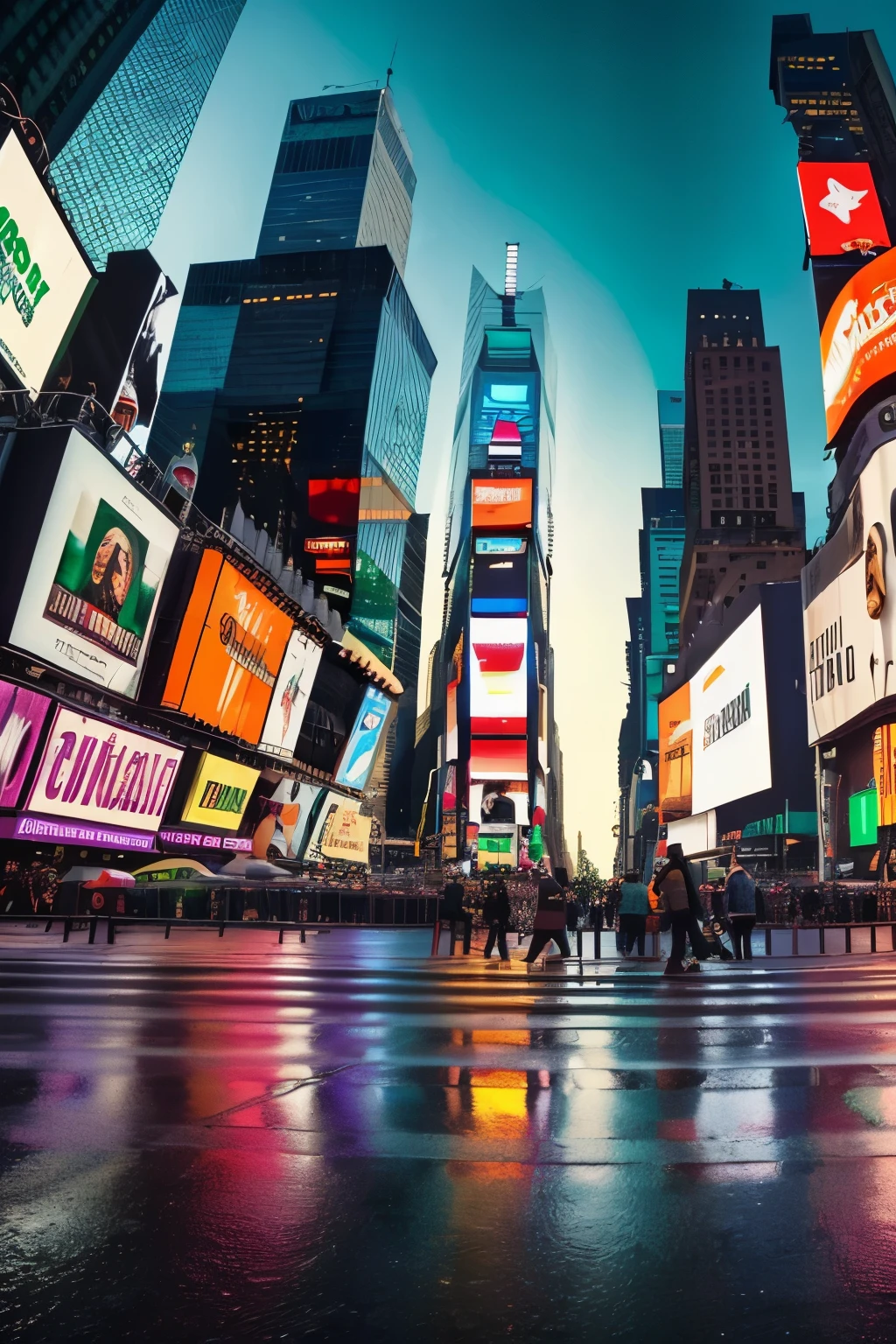 ((Wide angle shot, Times Square, Multiple billboards, 100% coverage, Film footage, Dominating colors: orange and green, Realistic photography, Full-frame DSLR camera, Prime lens, Pedestrians, All looking at billboards: 1.5)), Dynamic perspective, Vibrant hues, Intriguing tableau, Bustling crowd, Highly detailed billboard screens, Immersive scene, Sharp focus, Stunning resolution, Authentic representation, Intricate pedestrian textures, Crisp billboard edges, Realistic reflections, Engrossing atmosphere, Captivating composition, Stunning contrast.