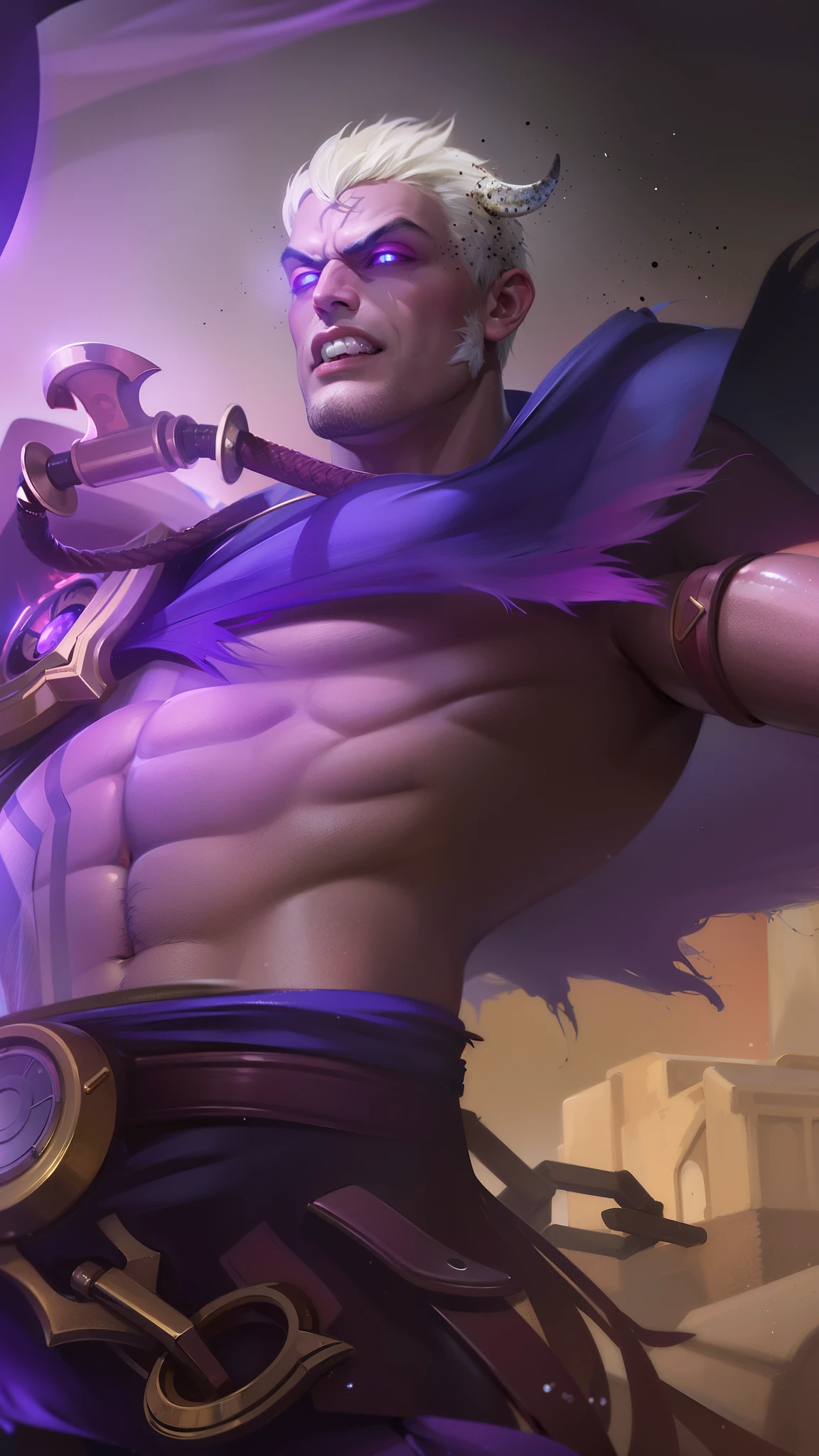 masculine male, masterpiece, ((perfect eyes)) best quality, (semirealism:1.9), beautiful lighting, (extremely detailed CG unity 4k fhd wallpaper), High Detail, Sharp focus, dramatic outdoors, 1 boy ,19 years old, brown short hair, blue eyes, smile, Boy with two big horns, big earrings on ears, elf ear, red eyes, Thick eyebrows, evil smile, grinning,red body, red face, Burning skin, yellow diamonds glistening on chest, burning red skin,golden robe behind, big white belt , 8k , realistic, scary.