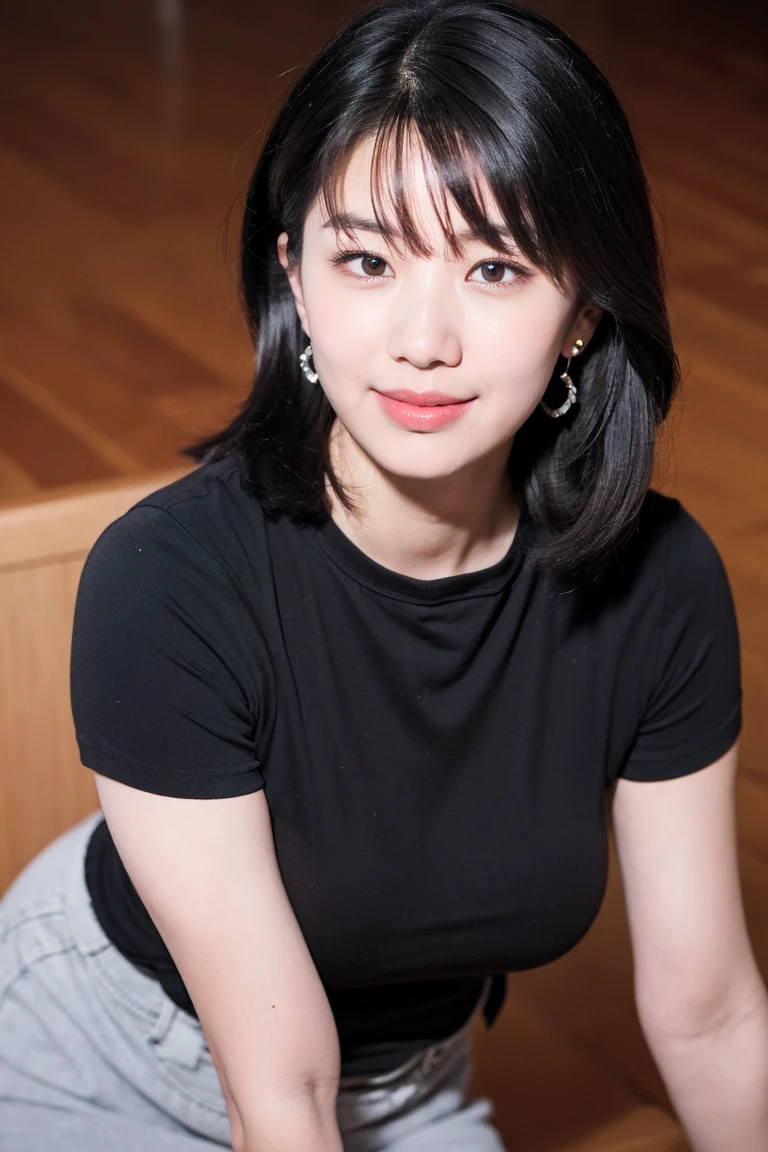 (8K, RAW photo, highest quality, masterpiece:1.2), ultra detail, super resolution, (realistic, realistic Photo:1.37), portrait, High-definition RAW color photos, professional photos, 非常に詳細で美New, very detailed, 8K wallpaper, amazingly detailed, huge file size, official art, highly detailed CG unity 8K wallpaper, very detailed美少女, very detailed顔, very detailed目, very detailed肌, very detailed指, very detailed鼻, very detailed詳細な口 , perfect anatomy, very detailed背景, very detailed衣服, 1 girl, (18:1.2), 20th generation, cute girl, realistic body, small, Fair skin, glowing skin , Because I'm slender, handsome body, black hair , Rolled up hair, (dull bangs:1.2), smile, cute, like々New, cute face, realistic face, delicate eyes, droopy eyes, gunmetal gray T-shirt, short skirt, earrings, looking at the viewer, cowboy shot, facing the front, Standing position, Opposition, dynamic lighting, very big breasts,