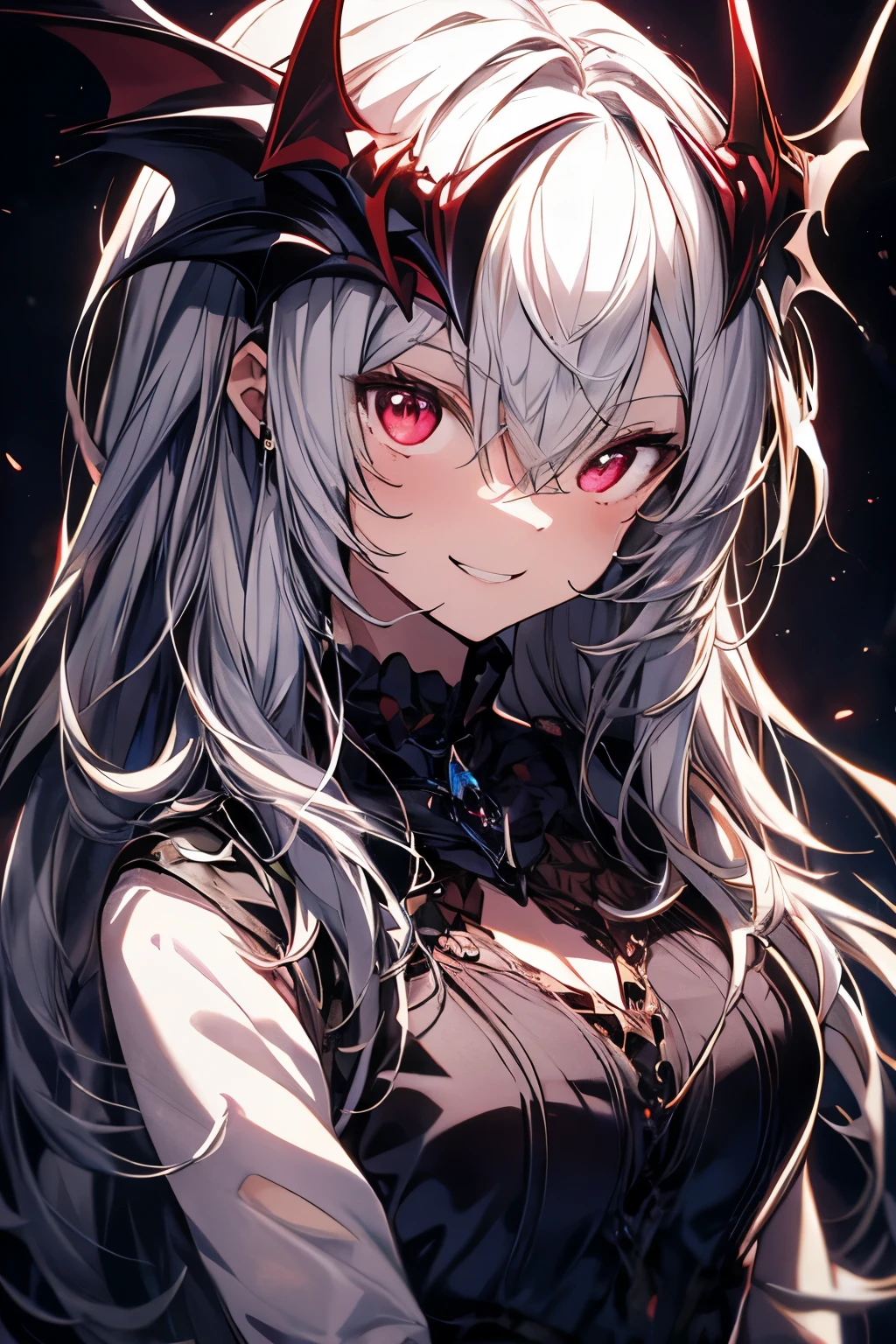 anime girl smiling, dark background, close up on upper body, masterpiece, best quality, high quality, vampire look, fangs, head piece