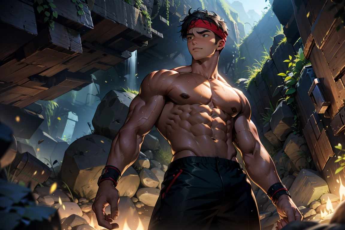 (Masterpiece, Best quality, 18 year old boy, 8k, ultra-detailed, (bust shot)), (from below, looking away, worm eyes, thin lips), (1 boy, solo), Young, (ager), (Dark Short straight hair, under cut, black eyes), Shirtless, topless, (torn Green headband), (Depth of field:1.2), (Abs, chest, upper arms), (topless male), athretic body, (background: inside caves, night), sweat