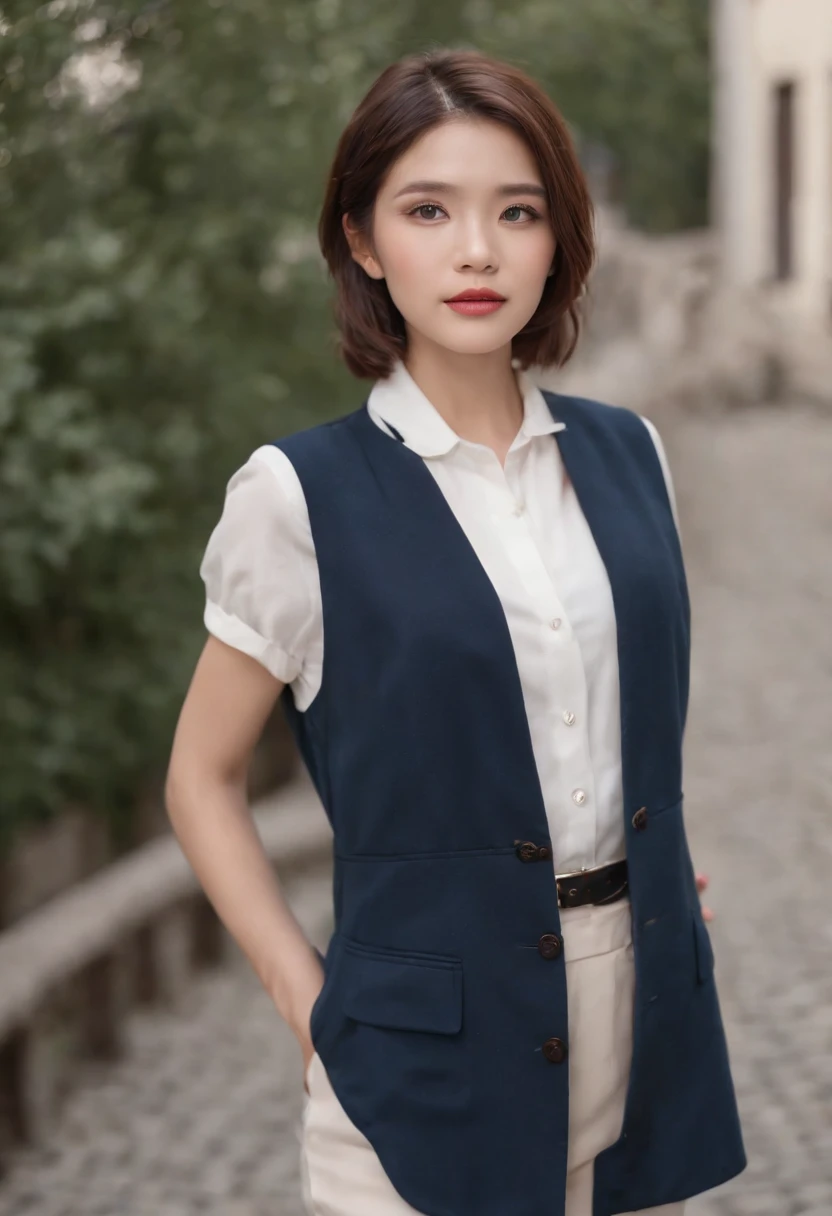 woman in suit、23 year old beautiful woman、Beautiful woman standing against the background of cobblestones、she's wearing squirrel ears、white shirt、navy blue vest、Vest button fastening、Dark blue pants、navy blue setup、short hair、Brown hair、Hair highlights、