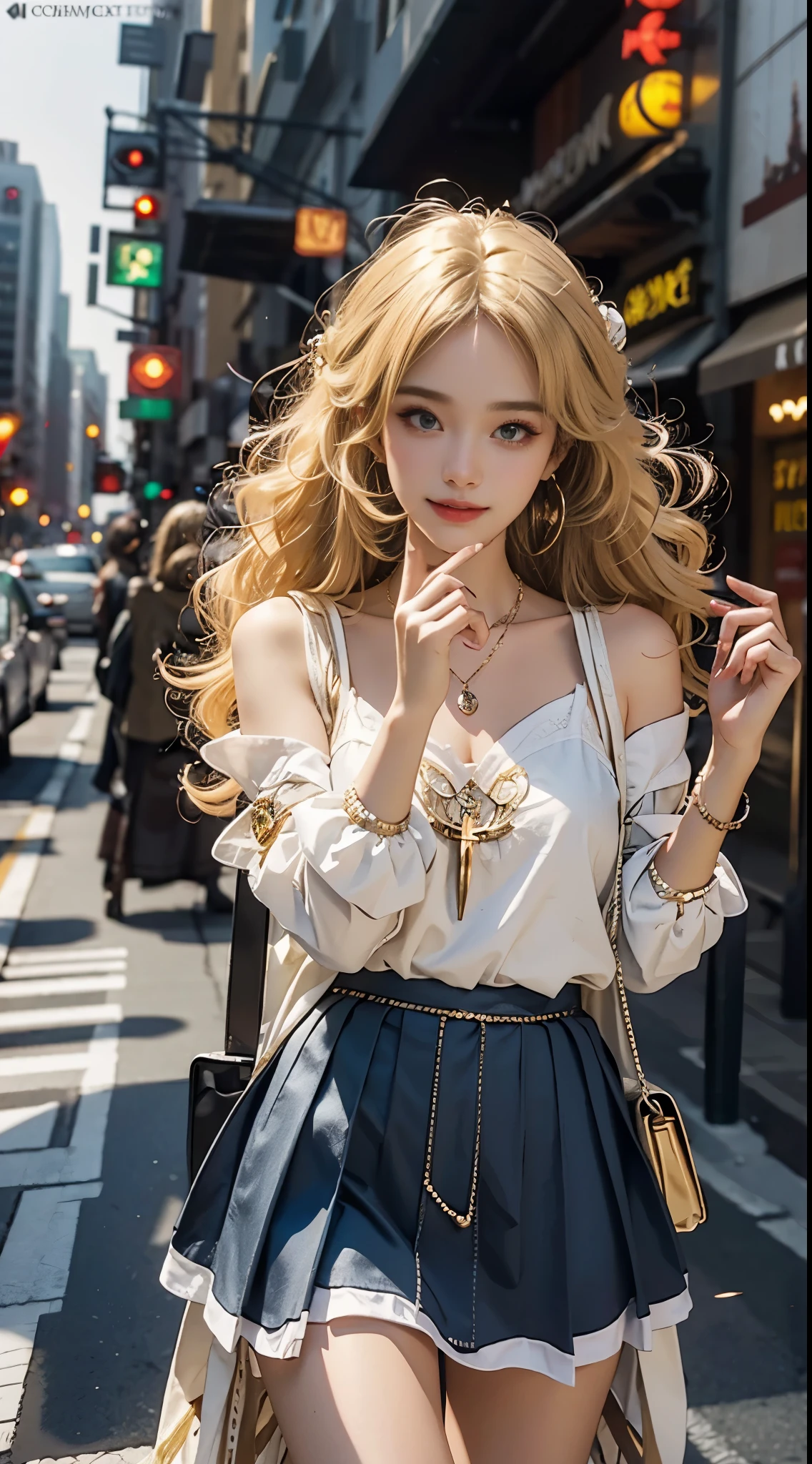 ((actual)), A young girl, Beautiful age girl,  Slim, thin waist, High heel, Shy, Grinning, ear nipple ring、necklace、hairpin，Heavy makeup，Gorgeous eye makeup，Eyes are very beautiful, blond hair, curls, long flowing hair, simple background, street photography, Walk freely, cross legs, flirty skirt, Posing for photos, Pose gracefully, Random shooting angle, warm light, Warm color palette, professional lighting, photon mapping, radio city, Physically based rendering, original photo, best quality, beautiful face,  beautiful skin， attractive， ultra high resolution， Super real photos