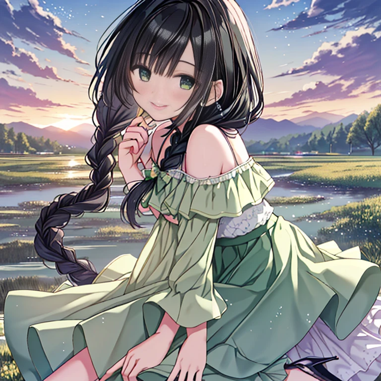 Top Quality, Masterpiece, Ultra High Definition, 8K, Summer Sky, Early Summer, (((Green Frill Tops, Green Long Skirts, High Heels)), Shojo Manga Style , One, Soft Line Art, Digital Enhancement, Shoujo Manga Touch, Shojo Manga Core, Flowing Fabric, Close Up, (Hair length and short braid to the shoulders)), wet hair, staring at us from the front, soft drawing, beautiful black hair, clear eyes, (teasing smile)), ultra-detailed digital anime art, clear face depiction, ultra-detailed shoujo manga character art, ultra-detailed manga style, top quality colors, hand gestures, landscape with nature, looking up at the sky, angle that can see up to your feet