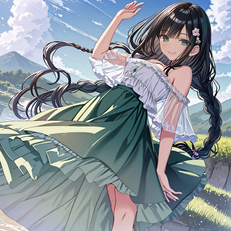Top Quality, Masterpiece, Ultra High Definition, 8K, Summer Sky, Early Summer, (((Green Frill Tops, Green Long Skirts, High Heels)), Shojo Manga Style , One, Soft Line Art, Digital Enhancement, Shoujo Manga Touch, Shojo Manga Core, Flowing Fabric, Close Up, (Hair length and short braid to the shoulders)), wet hair, staring at us from the front, soft drawing, beautiful black hair, clear eyes, (teasing smile)), ultra-detailed digital anime art, clear face depiction, ultra-detailed shoujo manga character art, ultra-detailed manga style, top quality colors, hand gestures, landscape with nature, looking up at the sky, angle that can see up to your feet