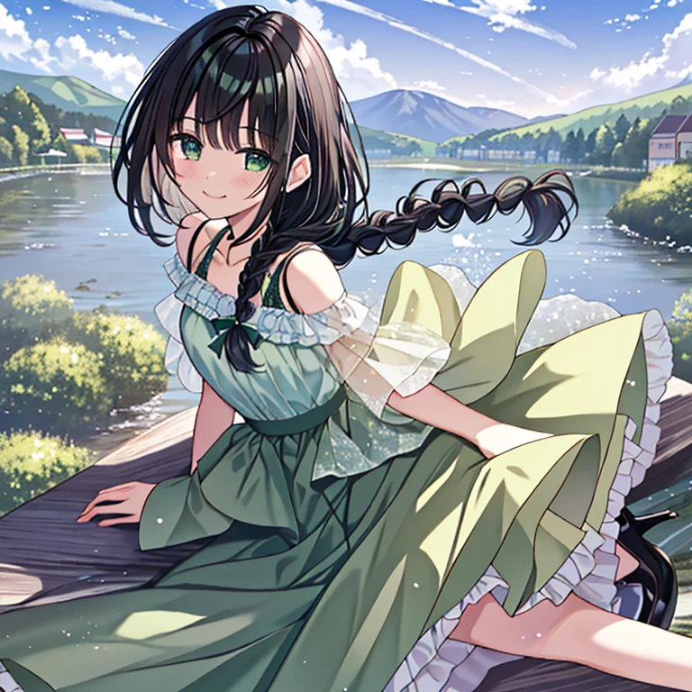 Top Quality, Masterpiece, Ultra High Definition, 8K, Summer Sky, Early Summer, (((Green Frill Tops, Green Long Skirts, High Heels)), Shojo Manga Style , One, Soft Line Art, Digital Enhancement, Shoujo Manga Touch, Shojo Manga Core, Flowing Fabric, Close Up, (Hair length and short braid to the shoulders)), wet hair, staring at us from the front, soft drawing, beautiful black hair, clear eyes, (teasing smile)), ultra-detailed digital anime art, clear face depiction, ultra-detailed shoujo manga character art, ultra-detailed manga style, top quality colors, hand gestures, landscape with nature, looking up at the sky, angle that can see up to your feet