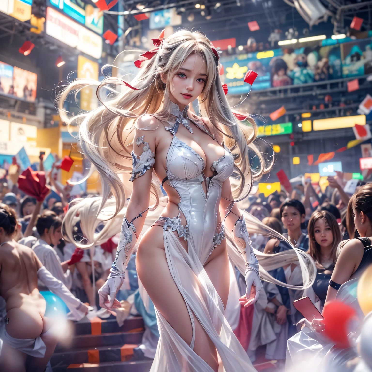 ((NSFW:-0.9, (nipple:-0.9), Acutance:0.85, White and Red, Mystic sight, (many Dazzling flush lights with lens flares), Luminous Particles, many colorful Lights )) . best quality, (masterpiece:1.3, ((realistic and photorealistic with touch of rawness:1.37)), ultra detailed:1.3) . (Amazing KAWAII Idols Walking on stage), ((Extremely detailed (KAWAII face variations)) with joyful expressions), { oiled ivory skin | Overflowing Biomechanical HUGE and HEAVY boob | pretty hips | (Exquisitely White dress with back cutouts) | Full of flowers covering girl's body | long hair:-0.8 }, { (Visible naked backs with Overflowing sideboob) | ( Walking on stage with Red highheels, large crowd:1.4) } . (((Ass focus, butt crack))), Whole Body proportions and all limbs are anatomically accurate .