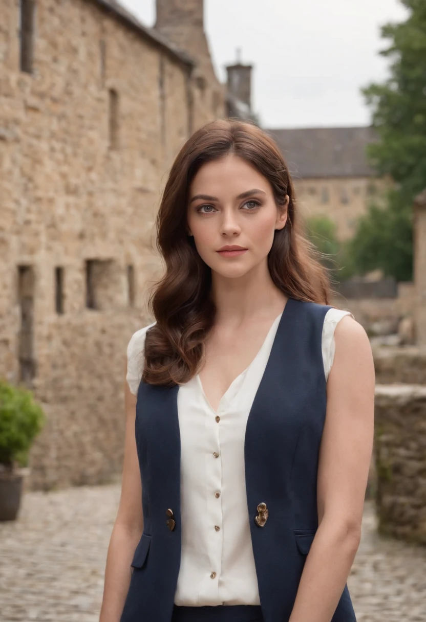 In a suit, Kaya Scodelario, 23 year old beautiful woman、Carina Smyth, Kaya Scodelario, Beautiful woman standing against the background of cobblestones、she's wearing squirrel ears、white shirt、navy blue vest、Vest button fastening、Dark blue pants、navy blue setup、short hair、Brown hair、Hair highlights、