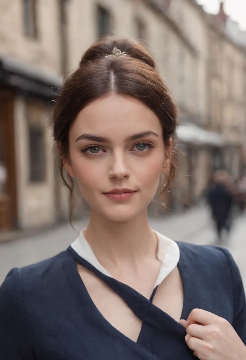 In a suit, Kaya Scodelario, 23 year old beautiful woman、Carina Smyth, Kaya Scodelario, Beautiful woman standing against the background of cobblestones、she's wearing squirrel ears、white shirt、navy blue vest、Vest button fastening、Dark blue pants、navy blue setup、short hair、Brown hair、Hair highlights、