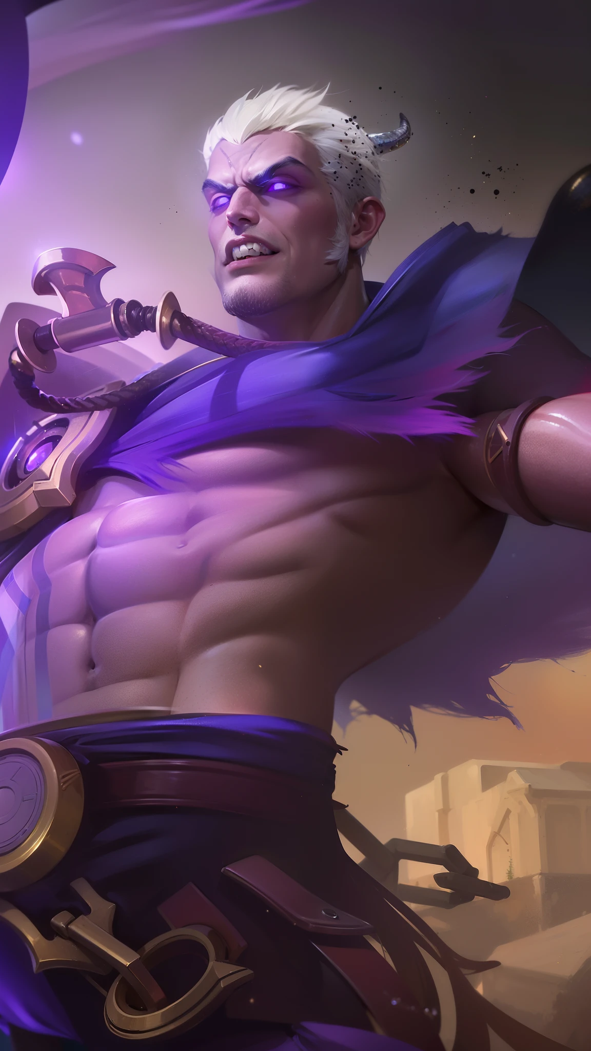 masculine male, masterpiece, ((perfect eyes)) best quality, (semirealism:1.9), beautiful lighting, (extremely detailed CG unity 4k fhd wallpaper), High Detail, Sharp focus, dramatic outdoors, 1 boy ,19 years old, brown short hair, blue eyes, smile, Boy with two big horns, big earrings on ears, elf ear, red eyes, Thick eyebrows, evil smile, grinning,red body, red face, Burning skin, yellow diamonds glistening on chest, burning red skin,golden robe behind, big white belt , 8k , realistic, scary.