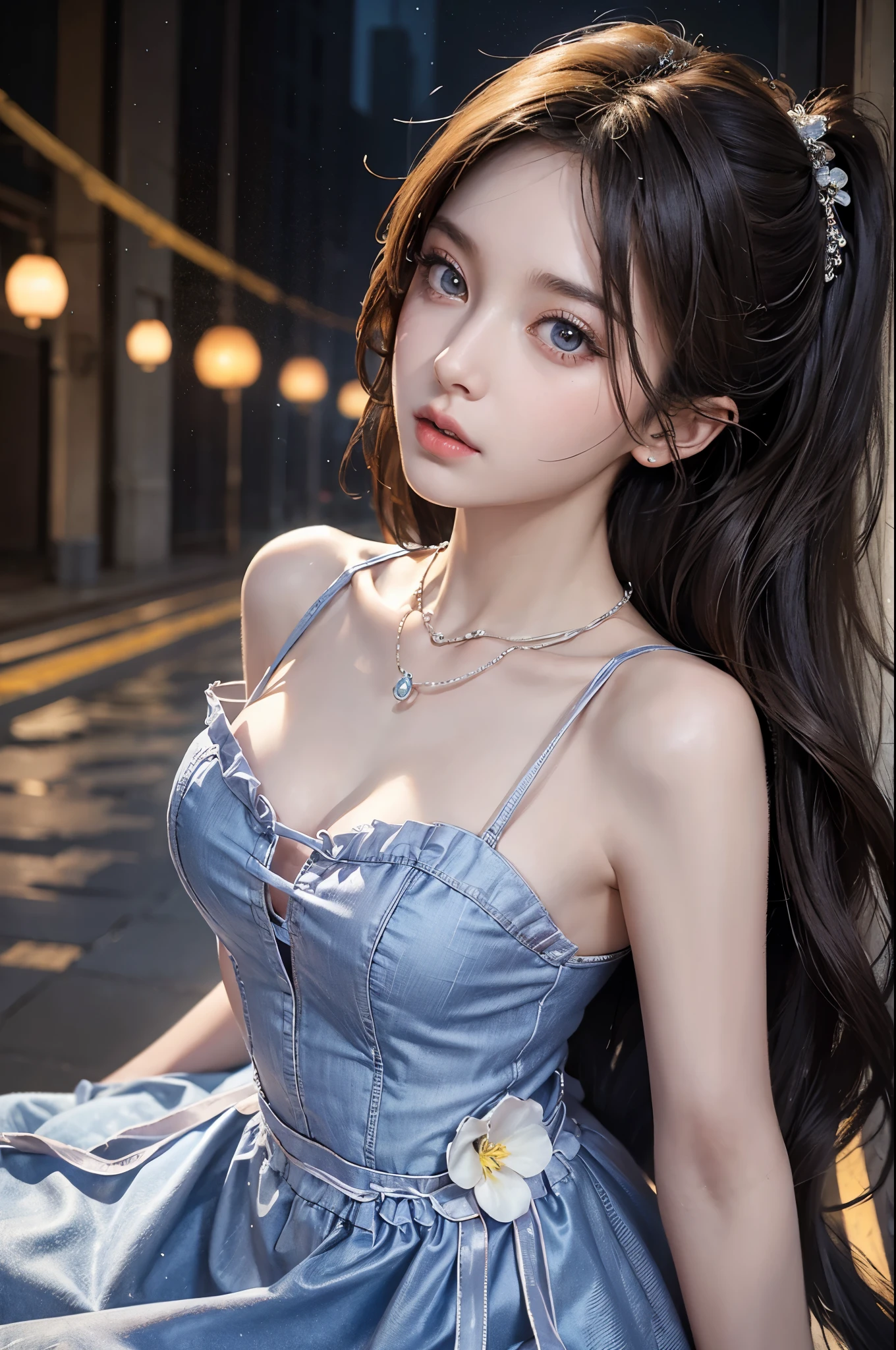 (8k, RAW photo:1.2),best quality, ultra high res,dramatic angle,(fluttered detailed color, (illustration),(((1 girl))),(long hair),(rain:0.9),(hair ornament:1.4),. wearing a short transparent summer dress, award-winning photo, showing ass, (focus on), color Ink wash gigantic breasts