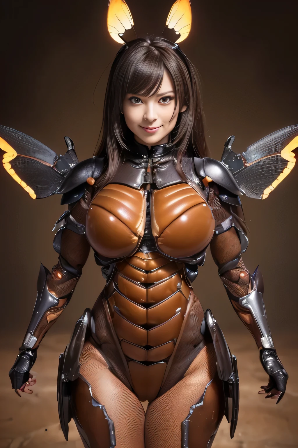 (High resolution,masterpiece,highest quality,Very detailed CG, anime, official art:1.4), realistic, photograph, amazing detail, all complicated, luster and luster,great many layers, 8k wallpaper, 3D, sketch, cute, figure,( alone:1.4), perfect female proportions,villain&#39;s daughter, (Fusion of dark brown cockroach and lady:1.4), (brown cockroach form lady:1.2), (brown cockroach woman:1.2), (Fusion:1.2), (alone:1.4), (evil smile:1.2), muscular, abs, (Cockroach brown exoskeleton bio insect suit:1.4), (Cockroach brown exoskeleton bio insect armor:1.2), (brown transparent cockroach feathers:1.4), (brown cockroach antenna:1.3),