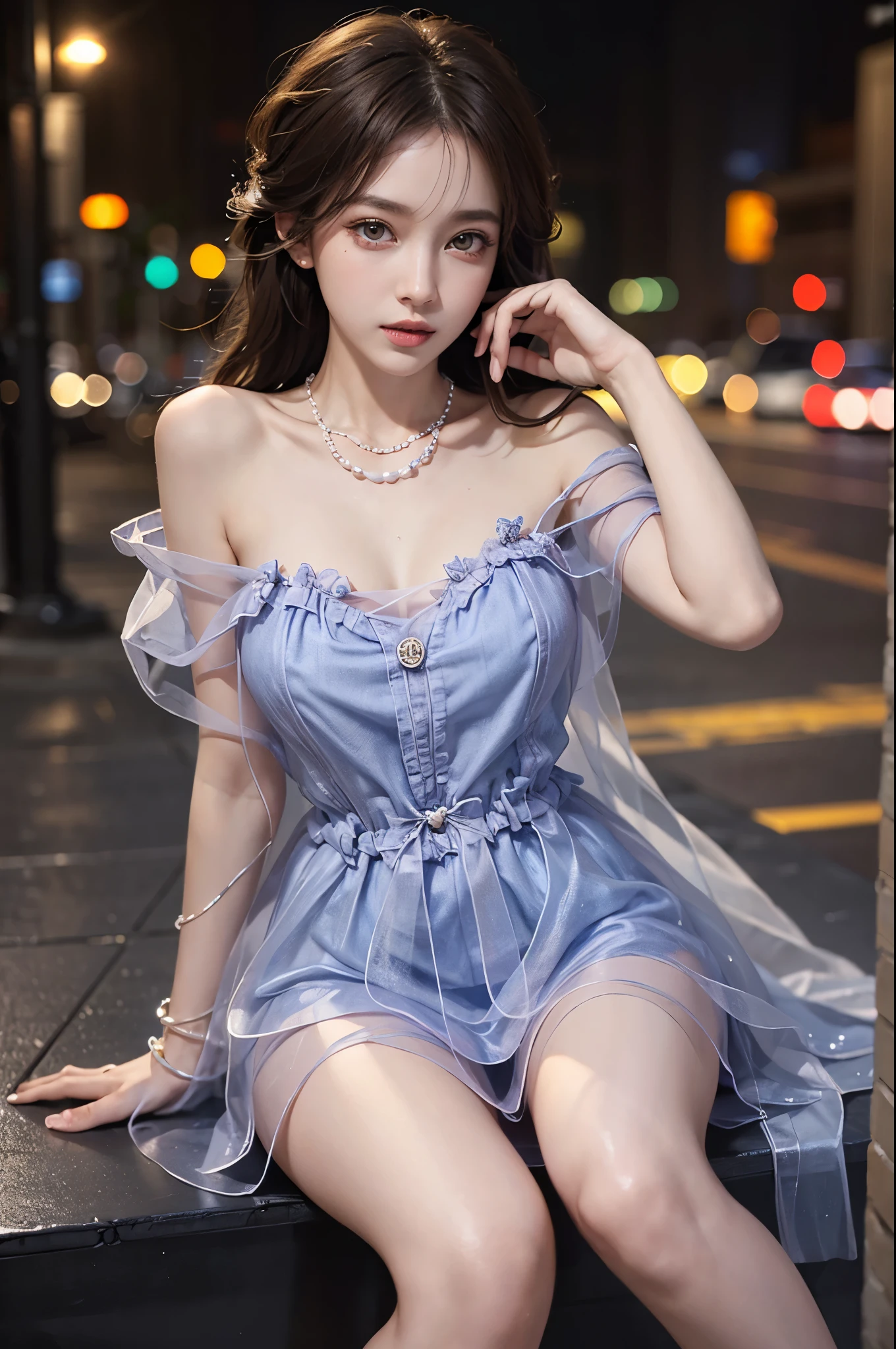 (close), Portraiture, Portraiture, (alone), masterpiece, highest quality, Clothes with strong contrast, psychedelic, [[[LSD]]], particle, bloom, Neon lighting, (Shine), Flat Color, Splashes of color, Mixing colors、Girl 1.2、Ultraing、White dress with tube top、(((See-through 1.5))).Place your right hand over your mouth、(Emphasize the chest)、Touching the chest with the left hand 1.5、Lace fabric choker、