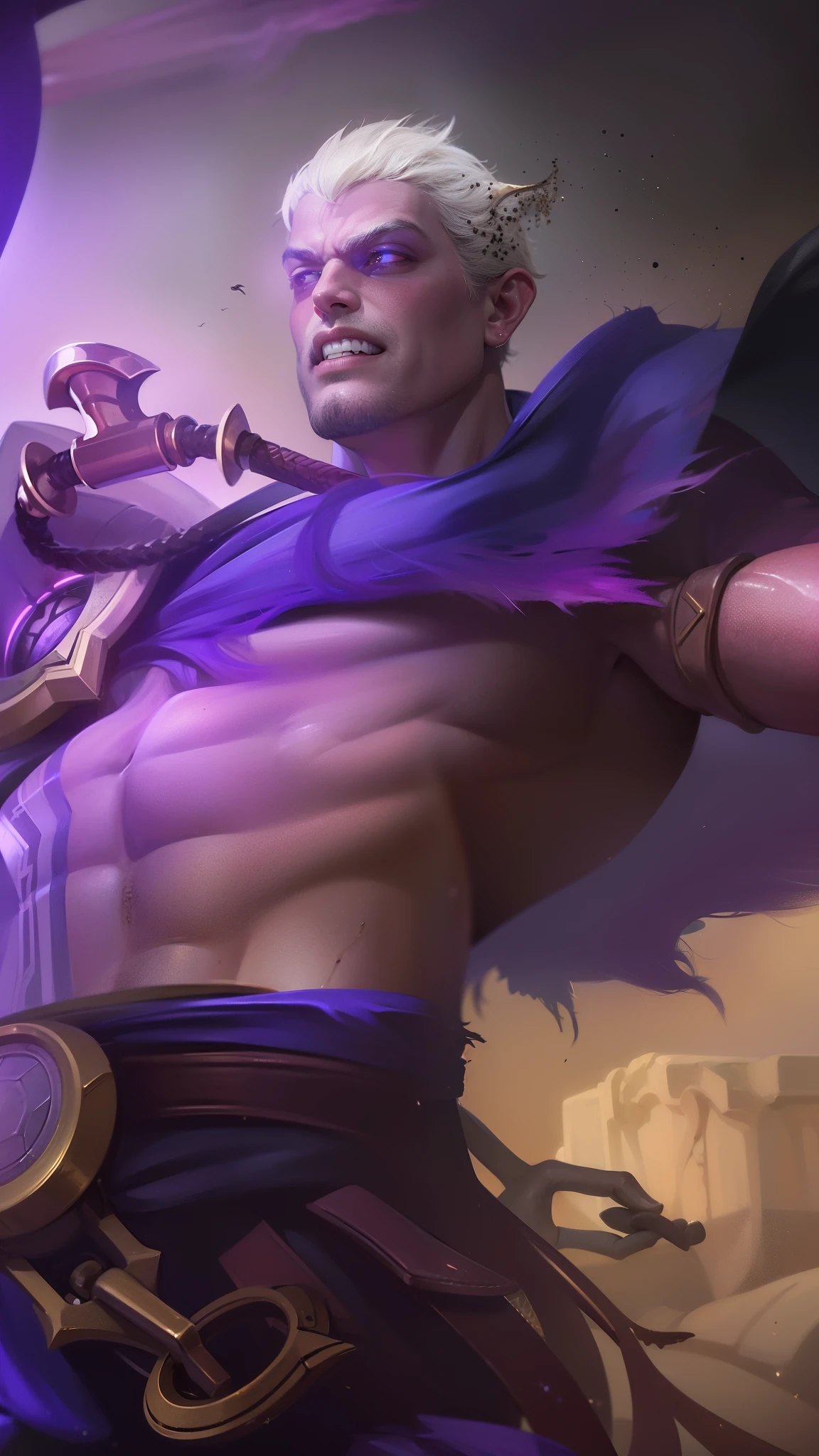masculine male, masterpiece, ((perfect eyes)) best quality, (semirealism:1.9), beautiful lighting, (extremely detailed CG unity 4k fhd wallpaper), High Detail, Sharp focus, dramatic outdoors, 1 boy ,19 years old, brown short hair, blue eyes, smile, Boy with two big horns, big earrings on ears, elf ear, red eyes, Thick eyebrows, evil smile, grinning,red body, red face, Burning skin, burning red skin,golden robe behind, big white belt , 8k , realistic, scary.