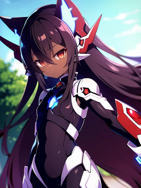 Masterpiece, best quality, highres, amazing quality, flat chested, (male), (8 year old boy), (shota), (Dark skin), cute, red eyes, very long dark brown hair, black exosuit, black gaunlets, long point headgear, black mecha musume, close up, (blazblue murakumo unit armour)