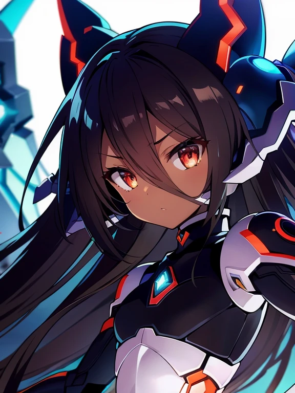 Masterpiece, best quality, highres, amazing quality, flat chested, (male), (8 year old boy), (shota), (Dark skin), cute, red eyes, very long dark brown hair, black exosuit, black gaunlets, long point headgear, black mecha musume, close up, (blazblue murakumo unit armour)