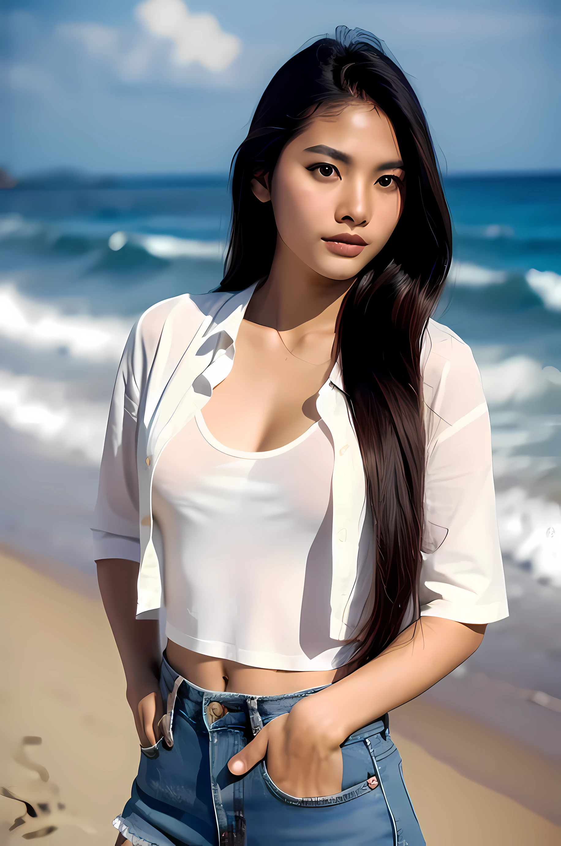 ((best quality)), ((masterpiece)), (detailed), Portrait, (Thai Woman model), look at viewer, long hair, small , white shirt ,short jean on the beach , rim light, analog film photo, Kodachrome,sexy pose.