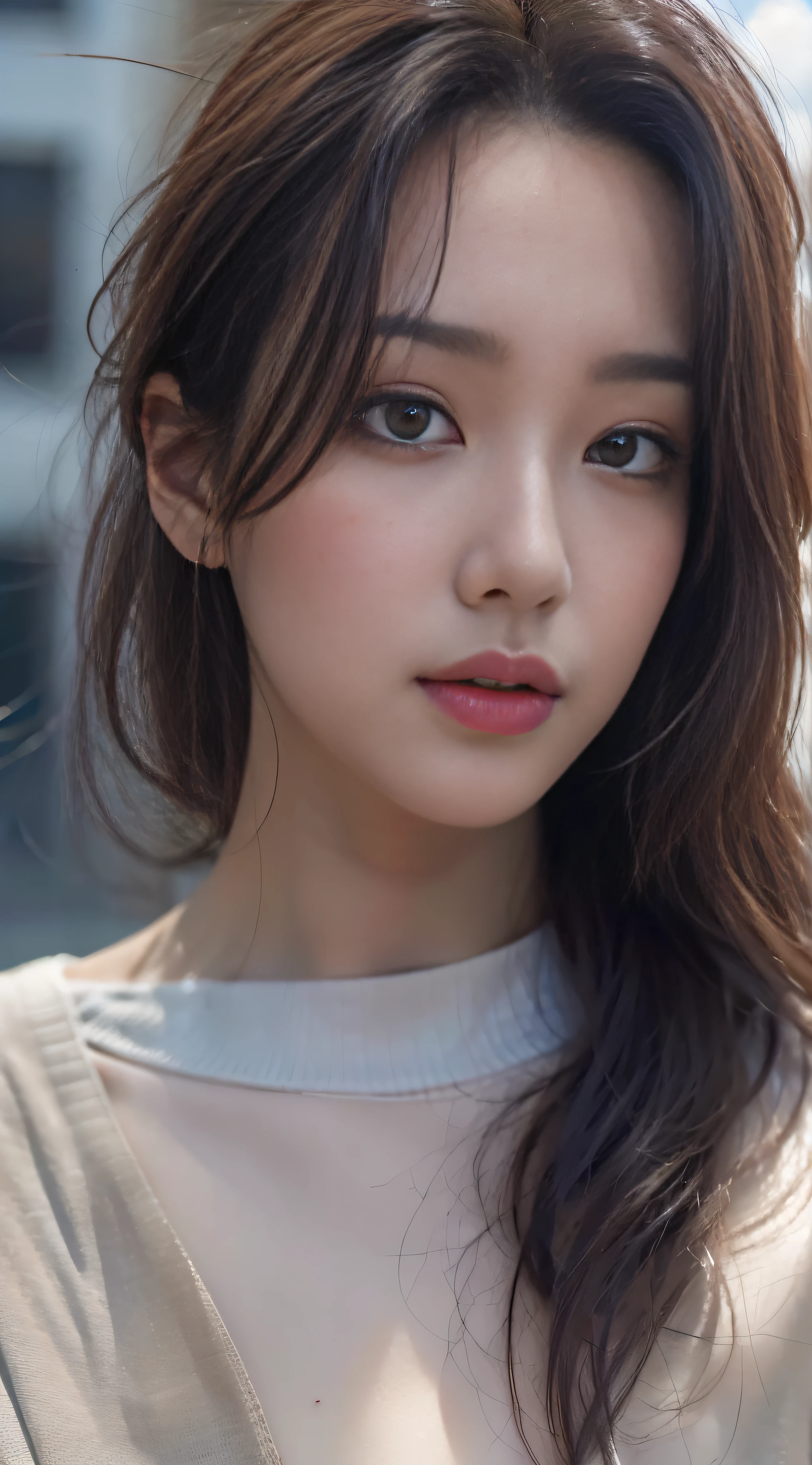 ((Realistic lighting, best qualtiy, 8K, tmasterpiece:1.3)),((Shoot from the bottom up)),Half-body shooting,sharp fokus:1.2, 1girll, Beautiful Women with Perfect Figure:1.4, Slim abs:1.1, ((dark brown hair)), (White show-out sweater:1.4),denim pant,(exteriors),with blue sky and white clouds,City view,Ultra-fine face,Fine eyes,二重まぶた,