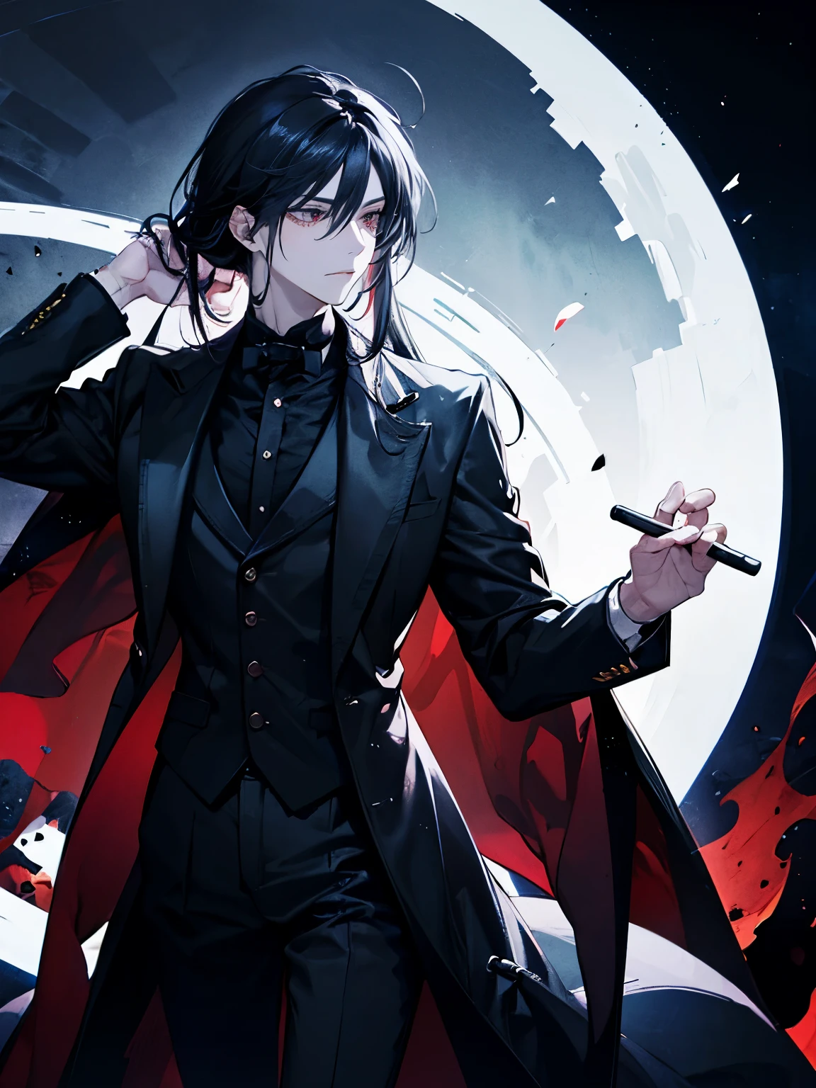 masterpiece, good quality, black hair, short hair, long ponytail hairstyle, tailcoat, group, Red eyes, Looks sideways, A gun, battlefield, decorations, earrings, 1 man, adult man, short beard