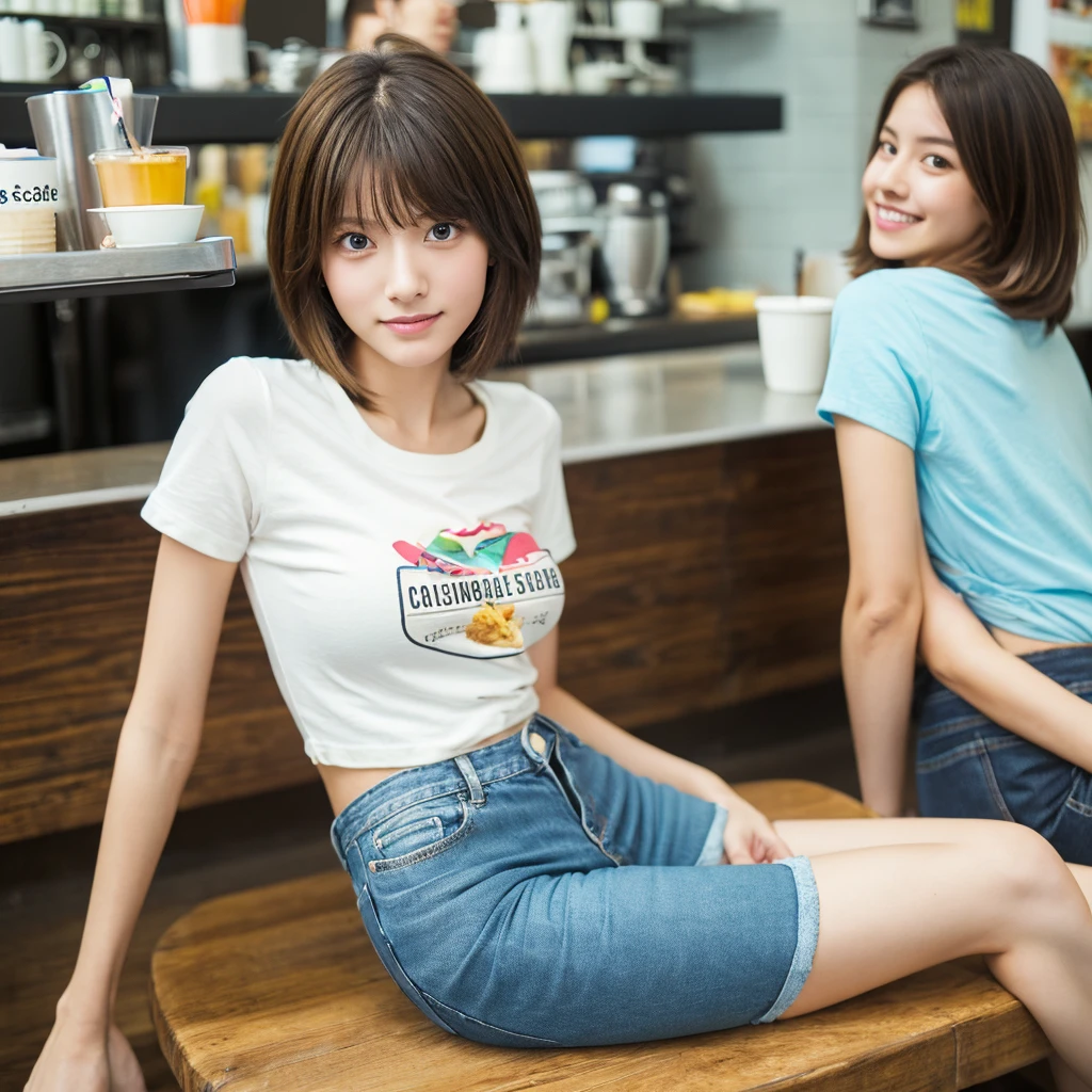(realistic、High resolution:1.3)、Just one girl with a perfect figure、super thin face and eyes、short hair、T-shirt:1 in random color.2、short jeans、I have my legs crossed、at the cafe、coffee on the table