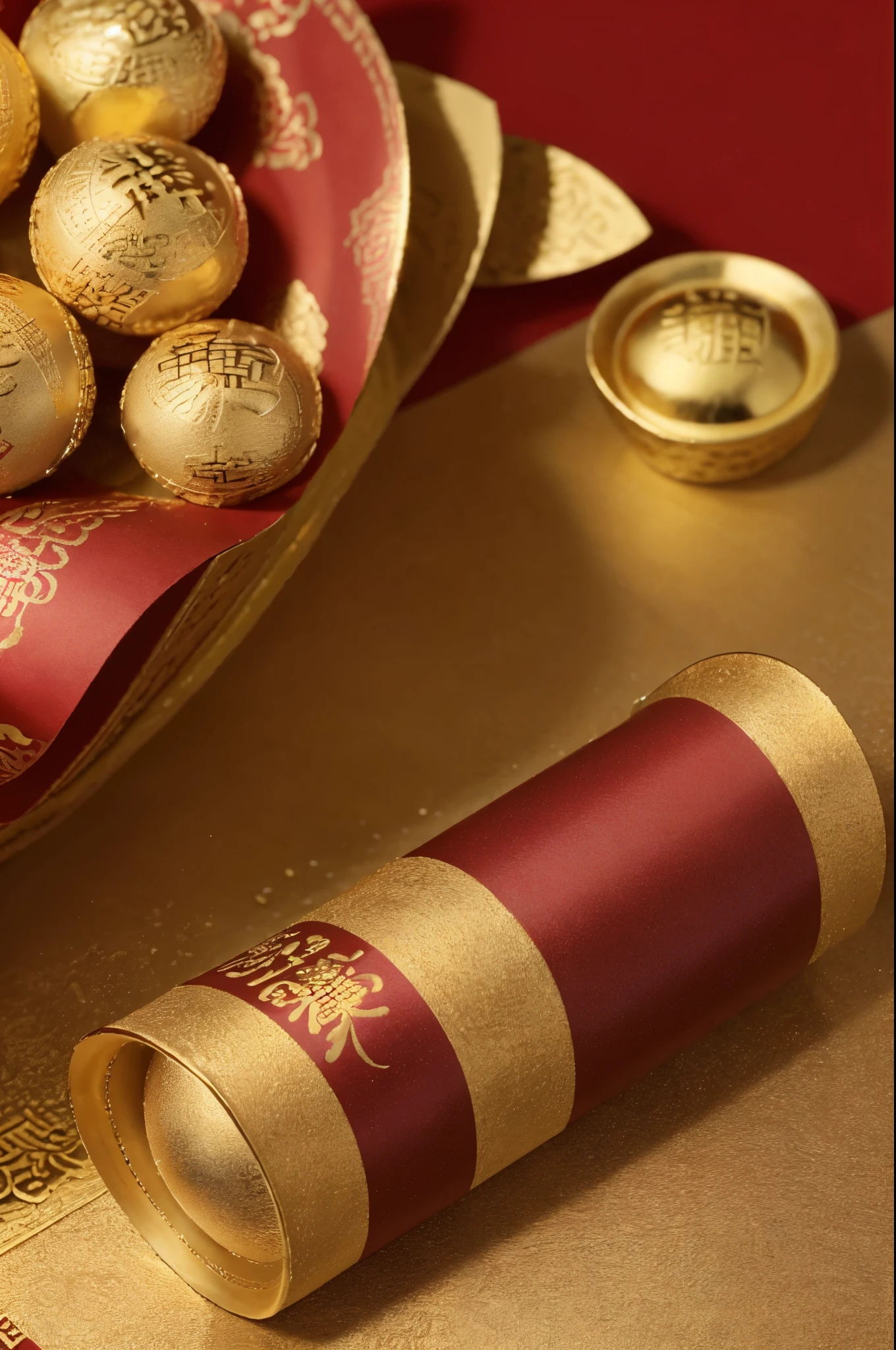 The living room is decorated with Chinese New Year decorations, and there are several large Jin yuanbao on the table. Jin yuanbao, Jin yuanbao,