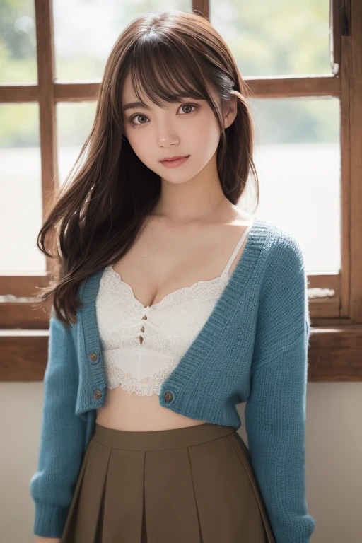 Laughter、smile、night、born、(((ultimate beauty portrait)))、((glowing skin))、1 girl、 beautiful girl from Prague、bright look、((brown hair))、(cleavage)、(flare skirt:1.5)、((Big eyes that shine like jewels))、open cardigan、open your clothes、pantyhose、Glossy and glossy skin、(medium hair)、(silky ponytail hair)、( Are standing)、(from below)、under the skirt、(from below下着の接写)、eyeliner、beautiful bangs、hair between eyes、((masterpiece、最high quality、super detailed、film light、intricate details、High resolution、very detailed))、detailed background、8KUHD、Digital single-lens reflex camera、soft light、high quality、film grain、Film XT3 、shallow depth of field、natural soft light、Kamimei、rich bust、
