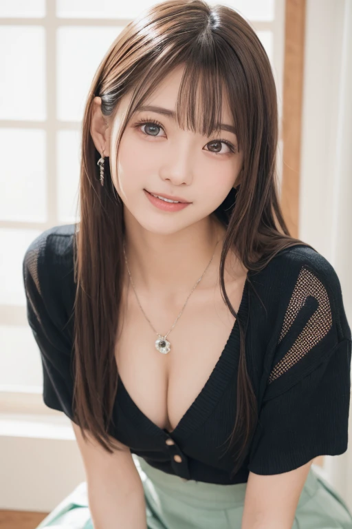 Laughter、smile、night、born、(((ultimate beauty portrait)))、((glowing skin))、1 girl、15 year old beautiful girl from Prague、bright look、((brown hair))、(cleavage)、(flare skirt:1.5)、((Big eyes that shine like jewels))、open cardigan、open your clothes、pantyhose、Glossy and glossy skin、(medium hair)、(silky ponytail hair)、( Are standing)、(from below)、under the skirt、(from below下着の接写)、eyeliner、beautiful bangs、hair between eyes、((masterpiece、最high quality、super detailed、film light、intricate details、High resolution、very detailed))、detailed background、8KUHD、Digital single-lens reflex camera、soft light、high quality、film grain、Film XT3 、shallow depth of field、natural soft light、Kamimei、rich bust、