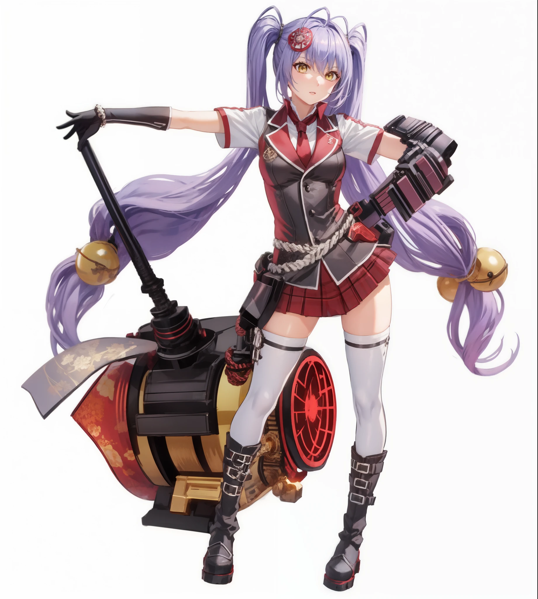 perfect eyes:1.2, detailed eyes:1.4, naoe kanetsugu, black footwear, boots, twintails, hair ornament, yellow eyes, hammer, purple hair, collared shirt, waist rope, red miniskirt, red necktie, white thighhighs, armor, cowboy shot, 1girl, solo, (masterpiece:1.6, best quality), 8k, insane details, intricate details, hyperdetailed, hyper quality, high detail, ultra detailed, professional, HDR, ray tracing reflection, cinematic lighting