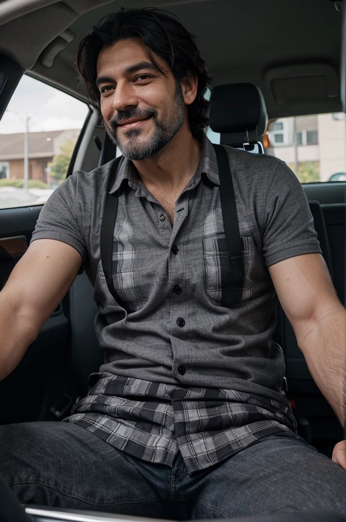 A very attractive mature gray-black haired man with a black beard smiling at the camera sitting inside a car driving in the foreground and is wearing a short plaid shirt and is very hairy on his arms and chest, Strong complexion