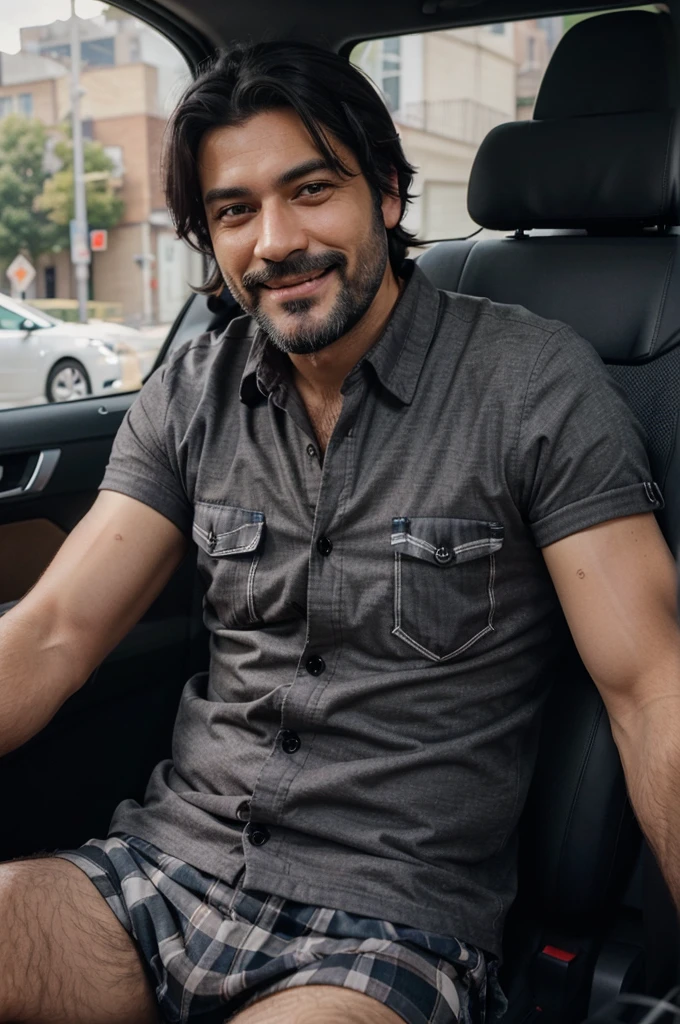 A very attractive mature gray-black haired man with a black beard smiling at the camera sitting inside a car driving in the foreground and is wearing a short plaid shirt and is very hairy on his arms and chest, Strong complexion