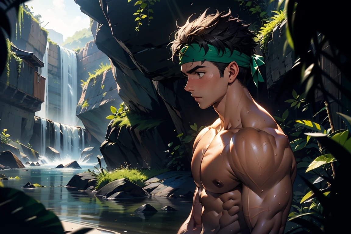 (Masterpiece, Best quality, 18 year old boy, 8k, ultra-detailed, (upper shot)), (from side, looking away, worm eyes, thin lips), (1 boy, solo), Young, (teenager), (Dark Short straight hair, under cut, black eyes), Shirtless, topless, (torn Green headband), (Depth of field:1.2), (Abs, chest, upper arms), (topless male), athretic body, (background: inside caves, night), sweat