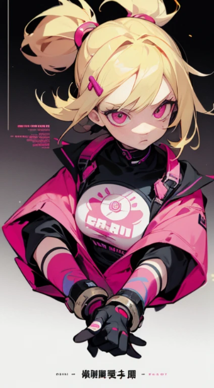 1 girl, blonde hair, blonde woman, pony tail, bright pink eyes, pastel colours, big breastes, Cute hair clips, tattoos on body, bracelets on hands, The film's poster depicts a young woman as the central character。She stands confidently in the center of the poster,Wear trendy cyborg-futuristic outfits,with a determined expression on his face。The background is dark and grainy,There is a sense of danger and a strong sense。The text turned out to be bold and attracted attention,with catchy slogans,Adds overall drama and excitement。The color palette is dominated by dark colors,dotted with bright colors