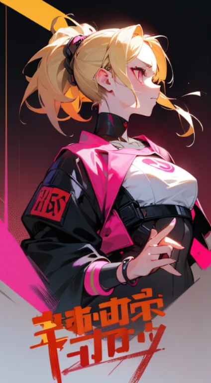 1 girl, blonde hair, blonde woman, pony tail, bright pink eyes, pastel colours, big breastes, Cute hair clips, tattoos on body, bracelets on hands, The film's poster depicts a young woman as the central character。She stands confidently in the center of the poster，Wear trendy cyborg-futuristic outfits，with a determined expression on his face。The background is dark and grainy，There is a sense of danger and a strong sense。The text turned out to be bold and attracted attention，with catchy slogans，Adds overall drama and excitement。The color palette is dominated by dark colors，dotted with bright colors