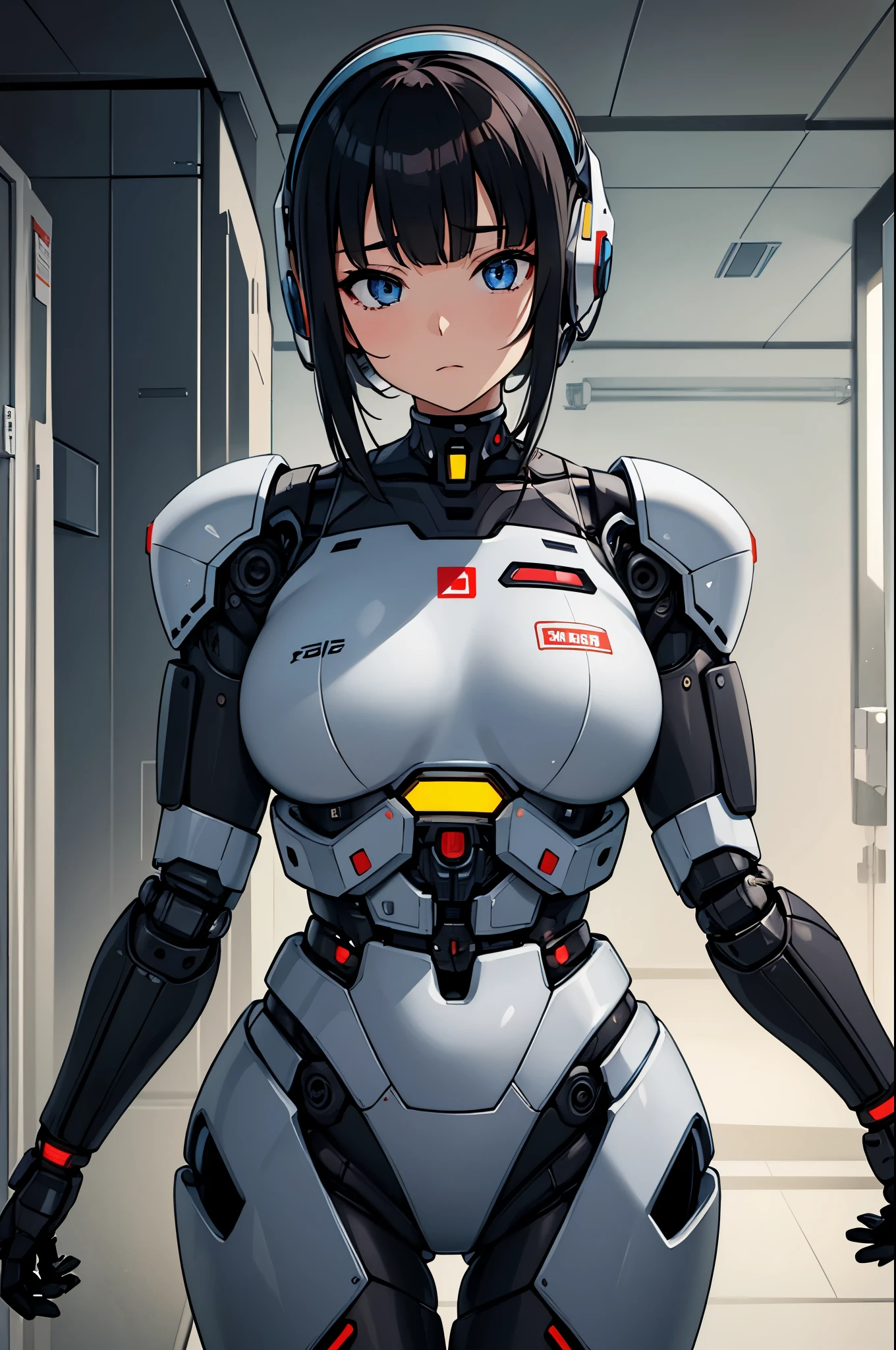 masterpiece, best quality, extremely detailed, Japaese Cyborg girl,Plump , control panels,android,Droid,Mechanical Hand, Robot arms and legs, Black Robot Parts,Black hair,Mechanical body,Blunt bangs,White robotics parts,perfect robot girl,long tube,thick cable connected her neck,ceramic body ,mechanical body, mechanical ear cover, mechanical costume,android,robot,humanoid,cyborg,japanese android woman ,mechanical chest,full eyes,future laboratory,connecting a cable between the legs,a bit chubby,