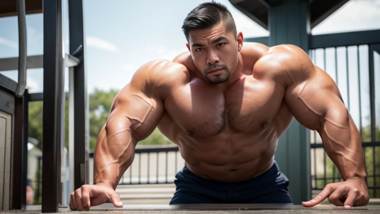 (Highly detailed 8K wallpaper), asian man, muscle worship, fold your arms, On the playground, baseball uniform, high detail, very short hair, skin head, Circular cut, very large and strong body, bulging muscles, muscular, very large pectoral muscles. Very sexy abs, legs are muscular, Toned figure, brightens oily skin, muscular, Tank top, T-shirt, long shot, wide shot