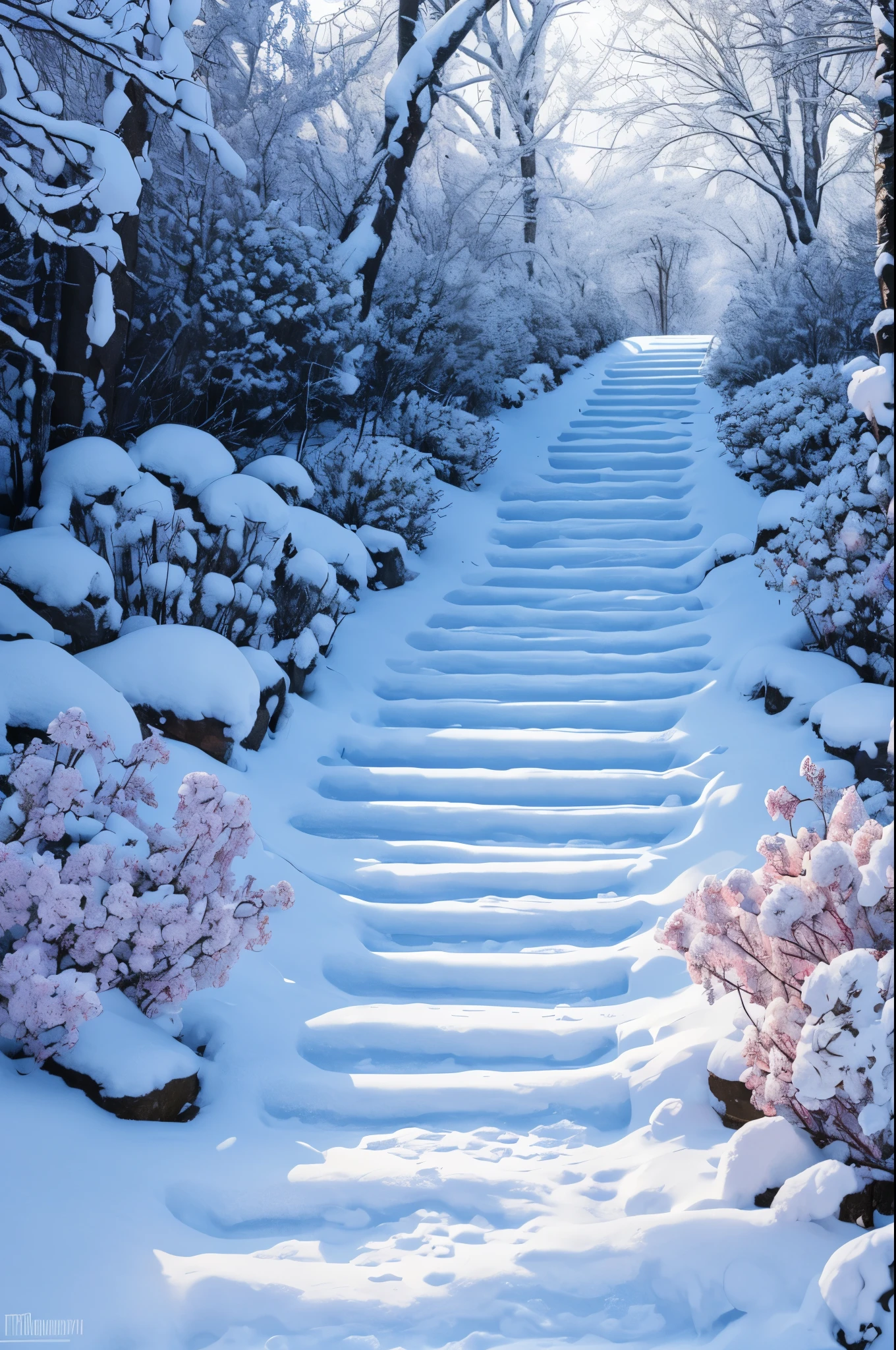 The steps of the snowy path are covered with flowers, with frozen flowers around her, beautiful aesthetic, rosses, rosette, Unbelievably beautiful, Beautiful image, White roses, maxim sukharev, Beautiful flowers, Beautiful composition, sergey krasovskiy, with soft bushes, beautiful flowers growing, Cold but beautiful, soft white glow, sergey vasnev